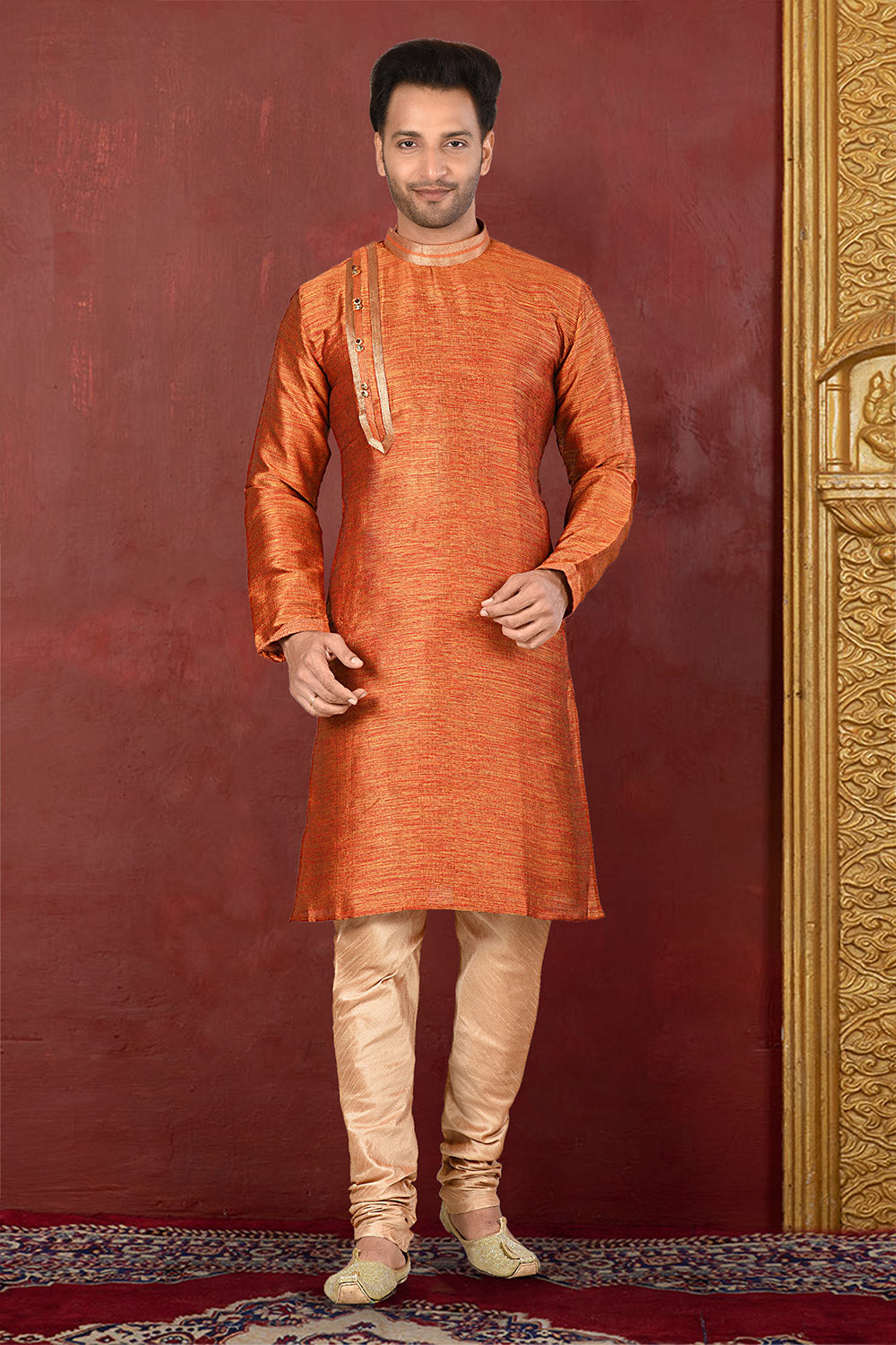 Orange Colour Silk Fabric With Thread Work Kurta Pajama