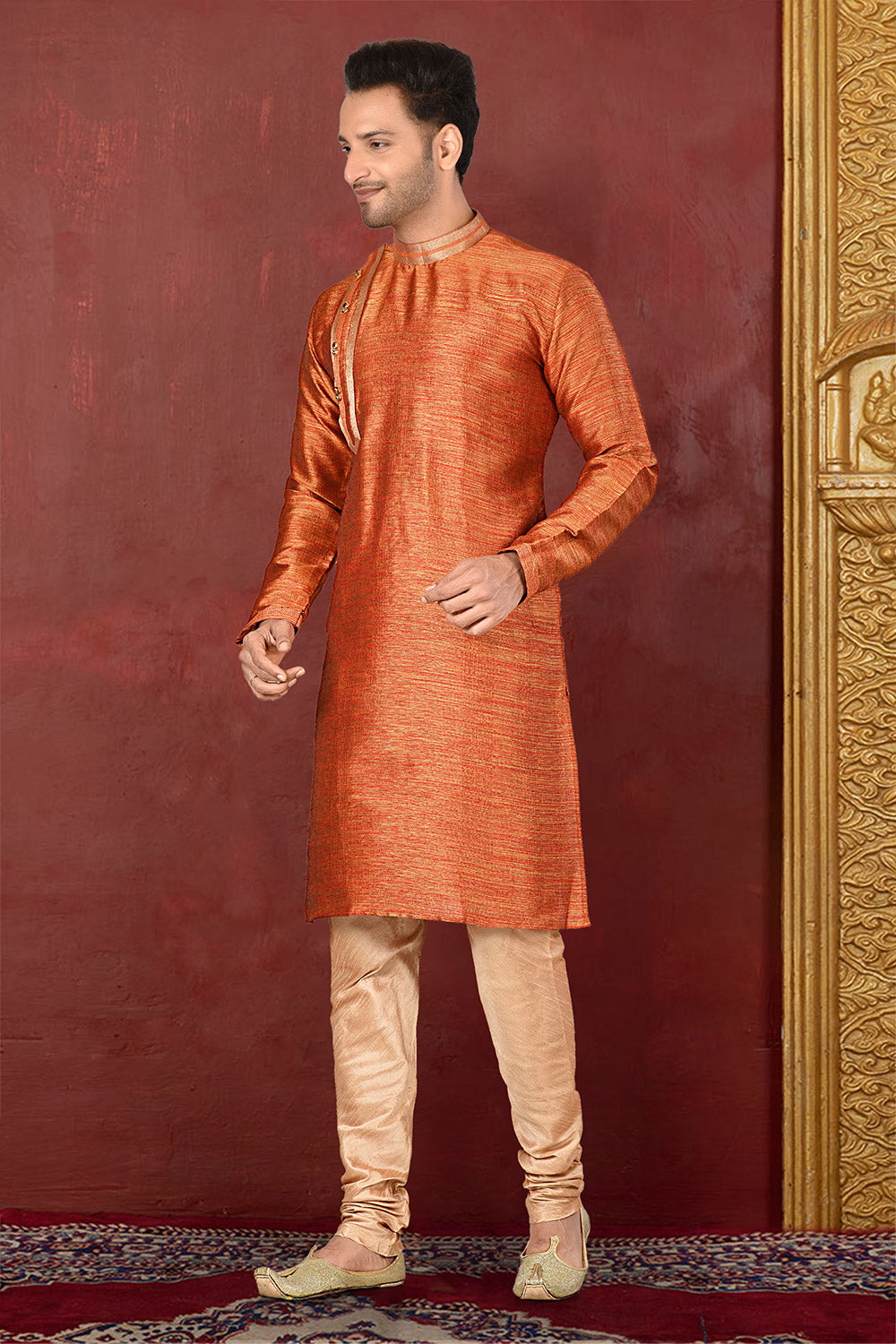 Orange Colour Silk Fabric With Thread Work Kurta Pajama