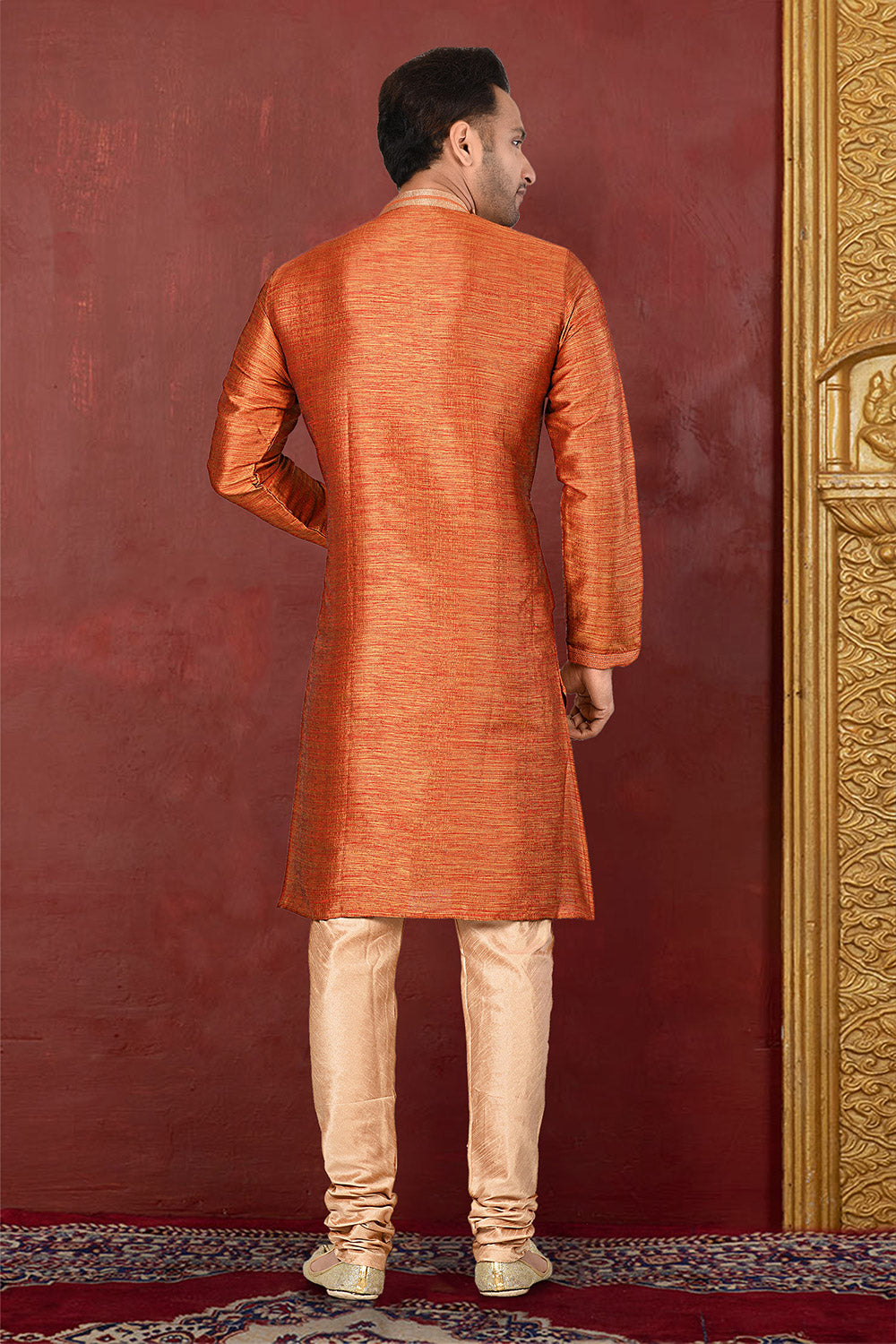 Orange Colour Silk Fabric With Thread Work Kurta Pajama