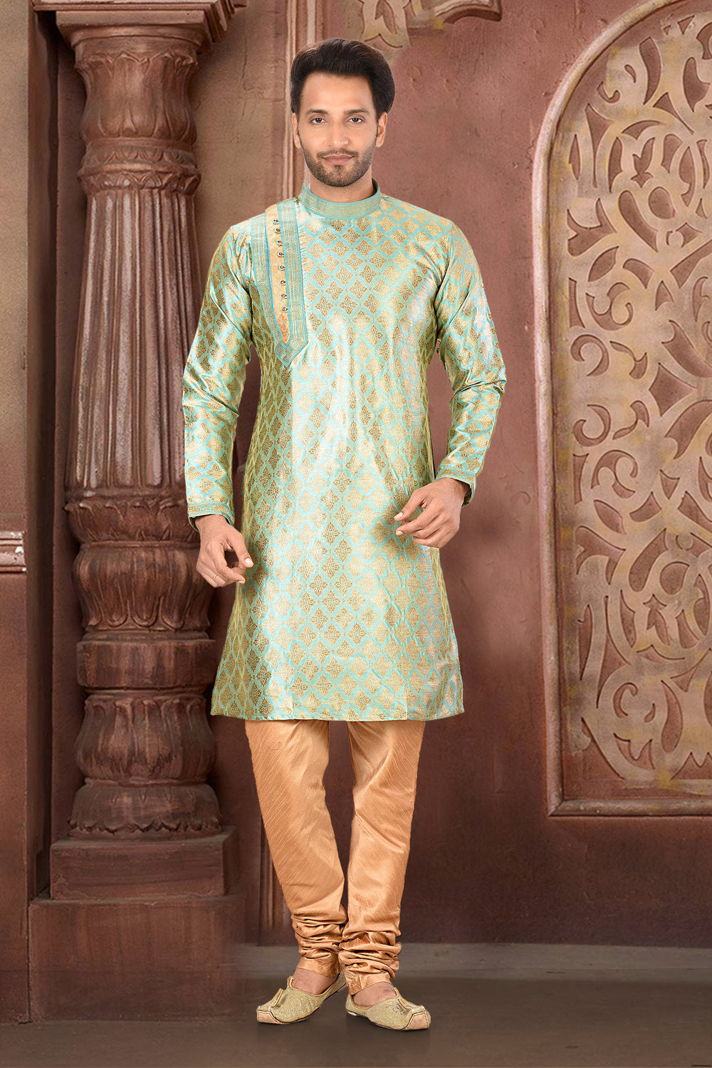 Pastel Colour Silk Fabric With Thread Work Kurta Pajama