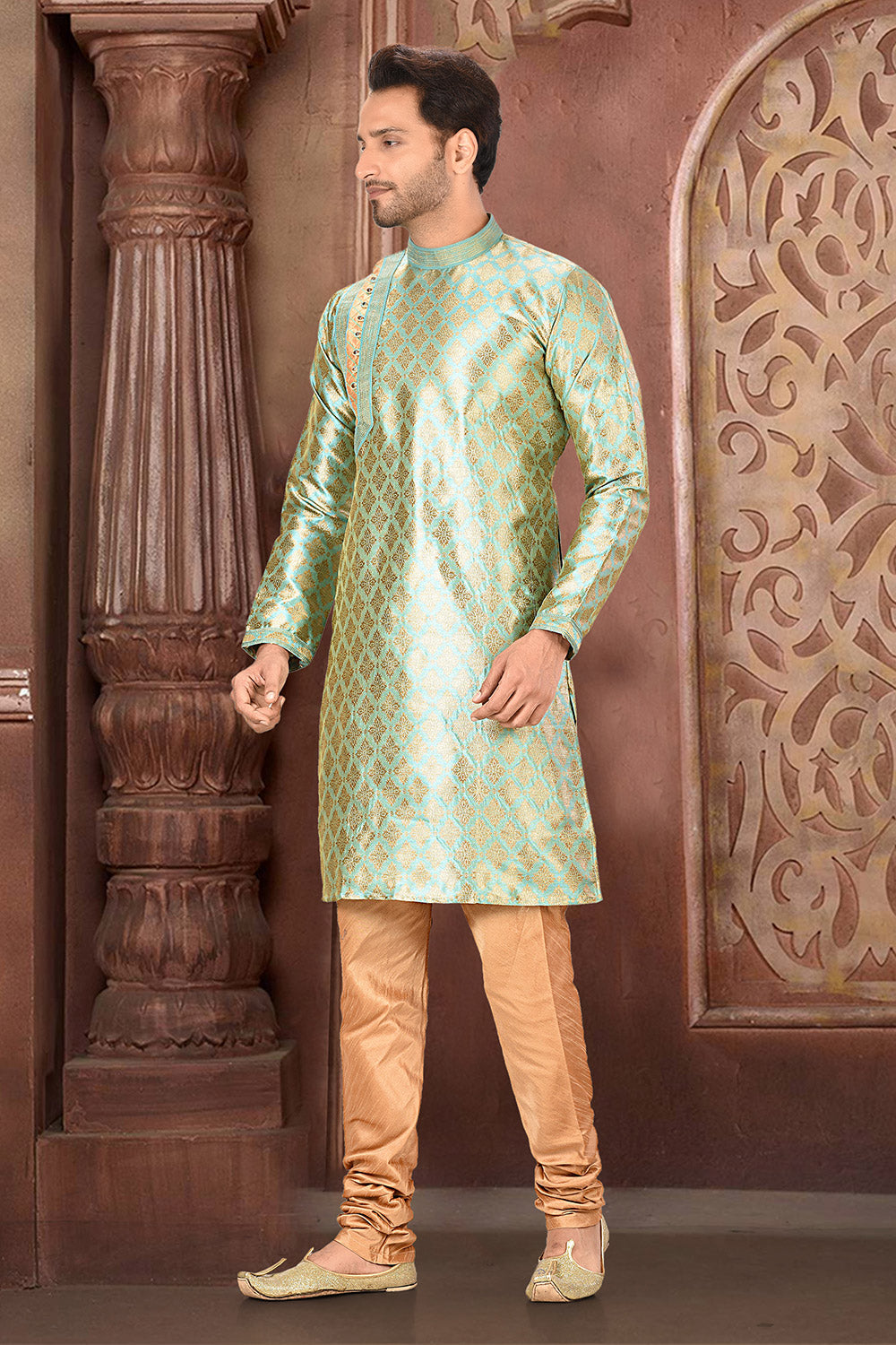 Pastel Colour Silk Fabric With Thread Work Kurta Pajama