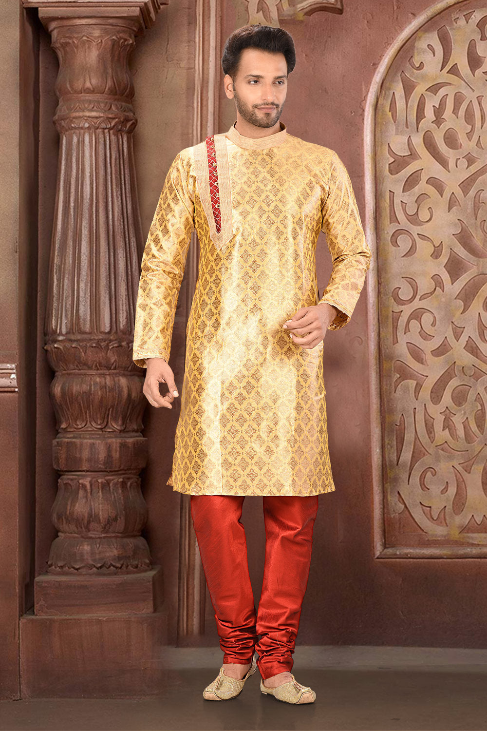 Golden Colour Jacquard Fabric With Thread Work Kurta Pajama