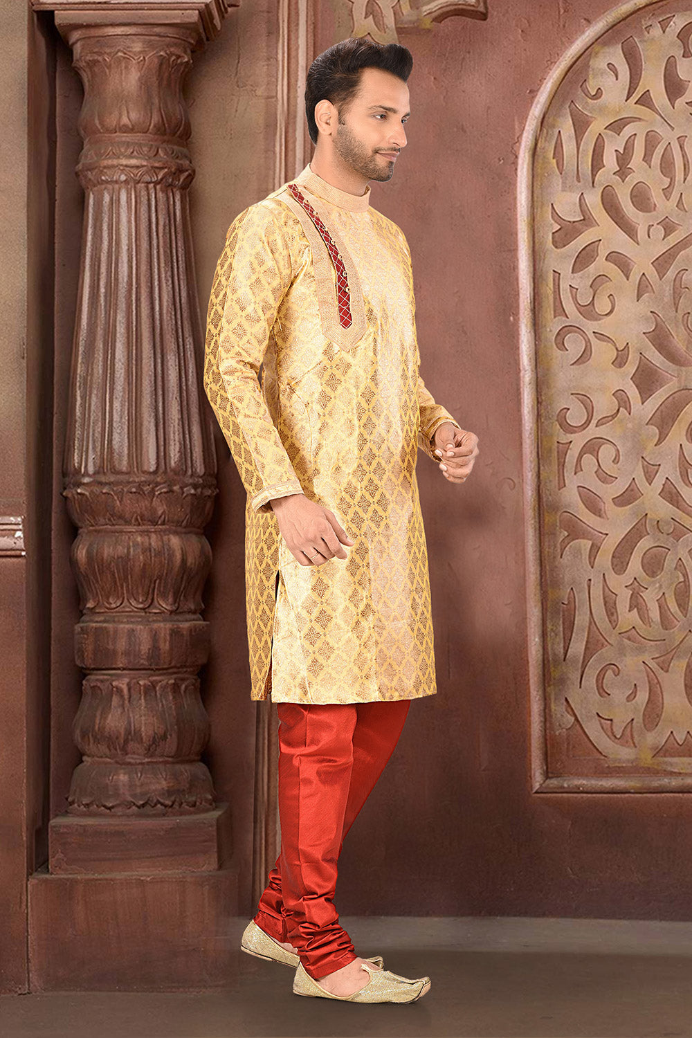 Golden Colour Jacquard Fabric With Thread Work Kurta Pajama