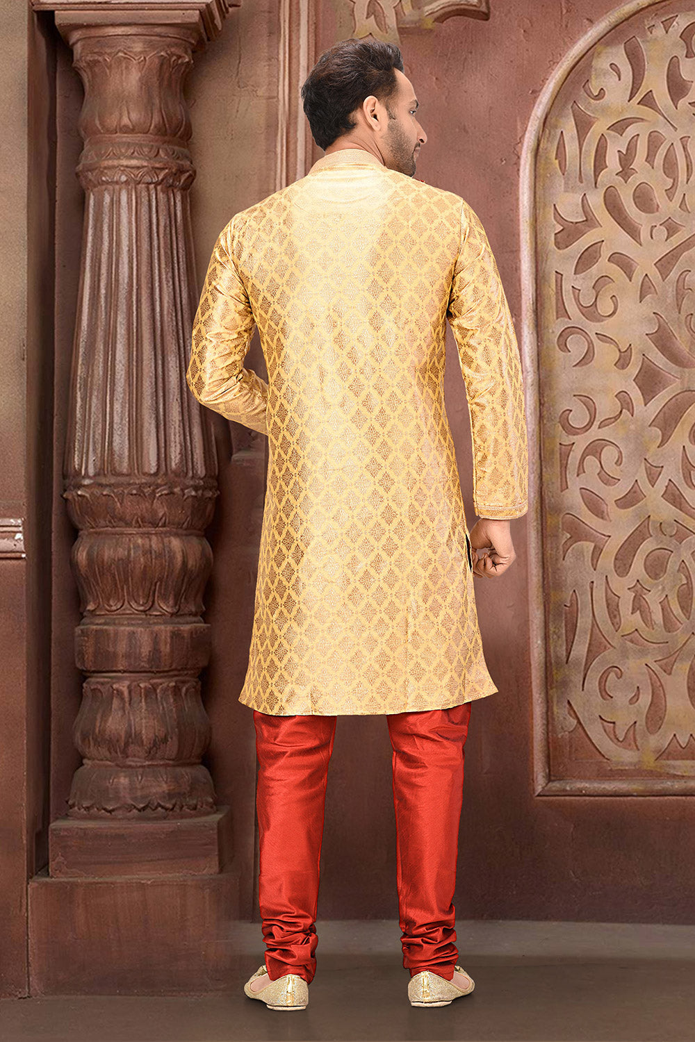 Golden Colour Jacquard Fabric With Thread Work Kurta Pajama