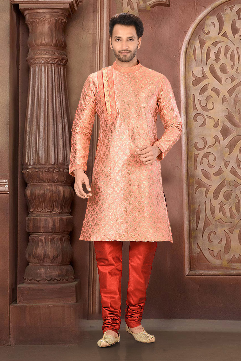 Crimson Colour Jacquard Fabric With Thread Work Kurta Pajama