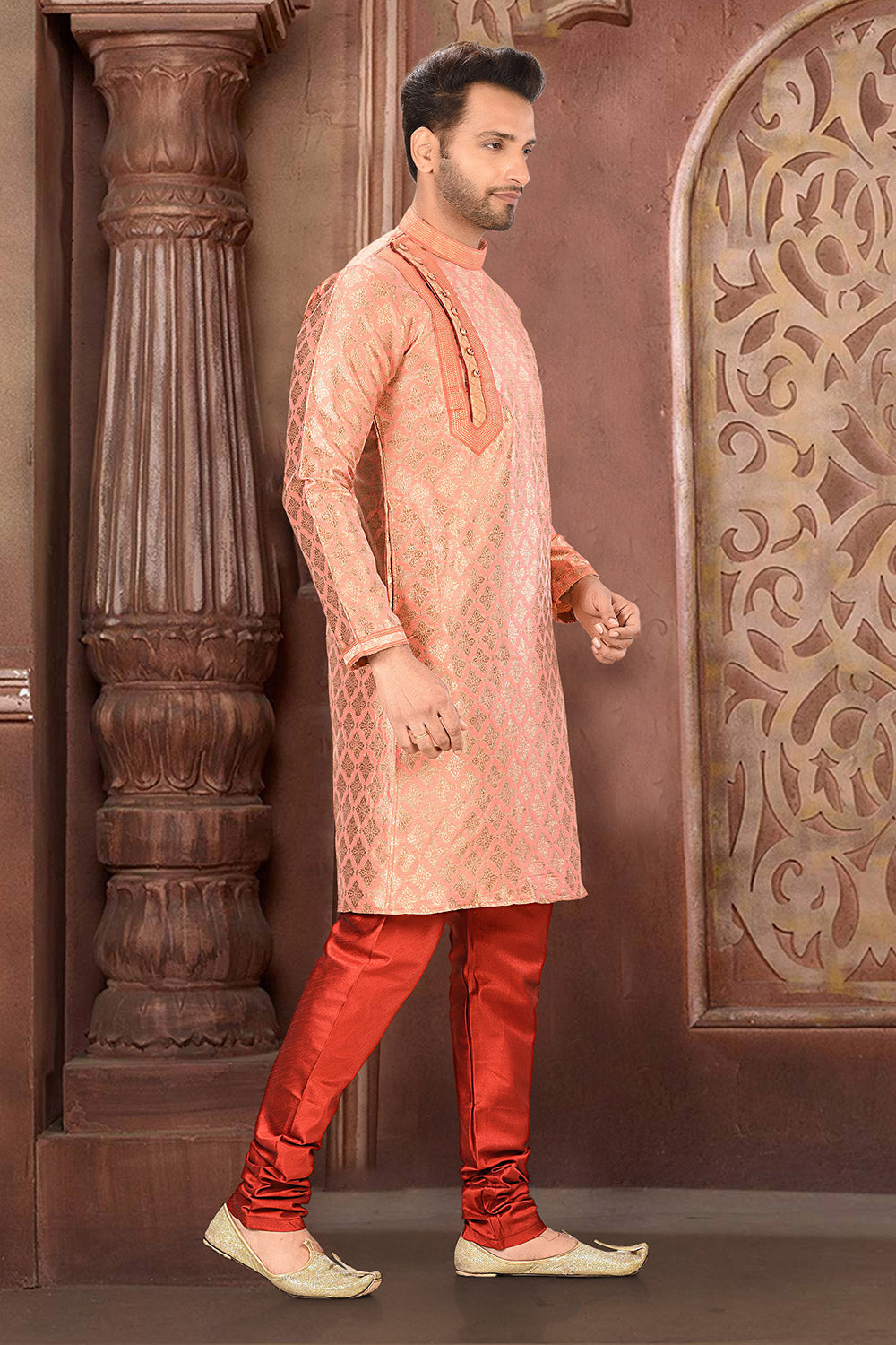 Crimson Colour Jacquard Fabric With Thread Work Kurta Pajama