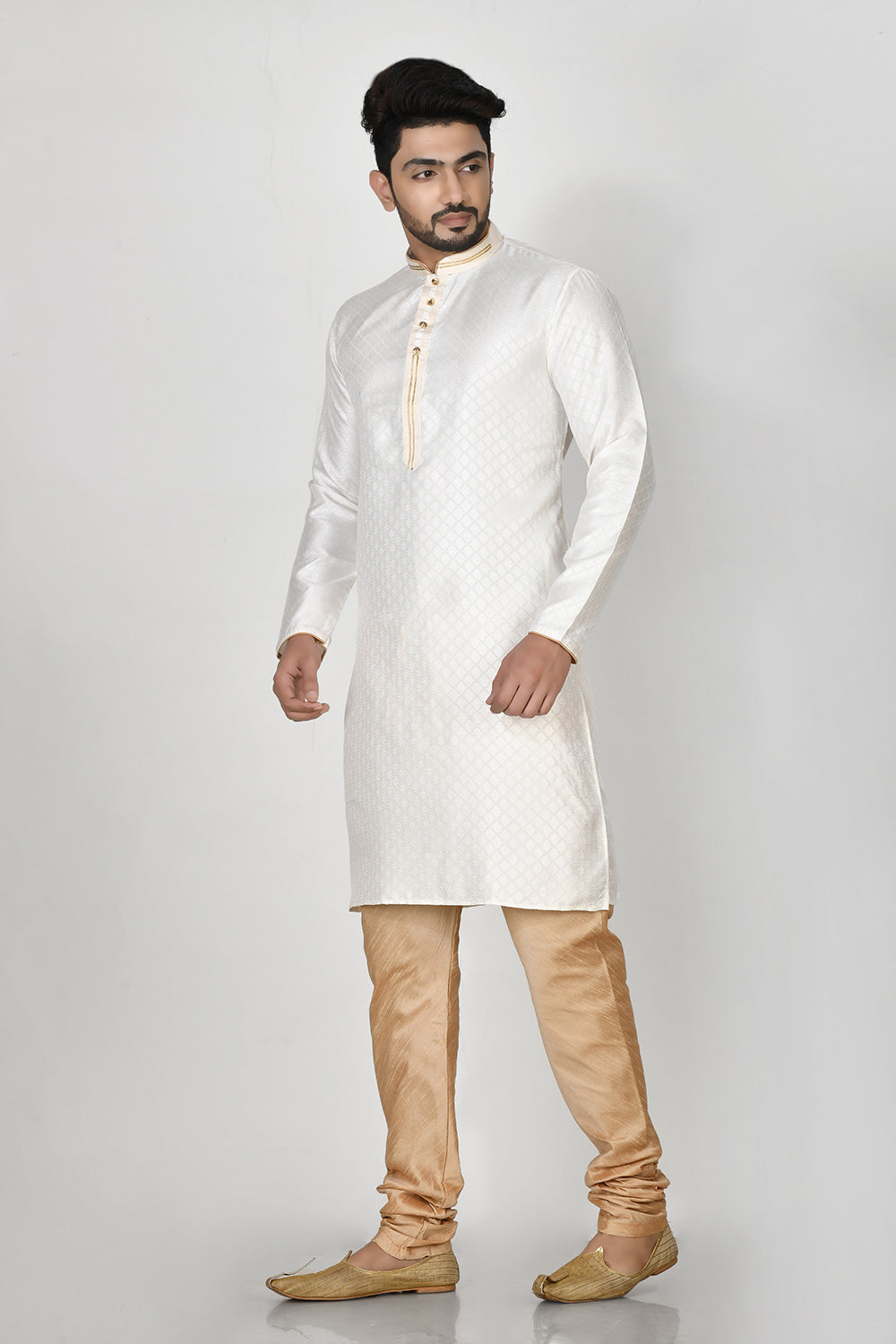 White Colour Art Silk Fabric Resham Embroidery Kurta Pajama