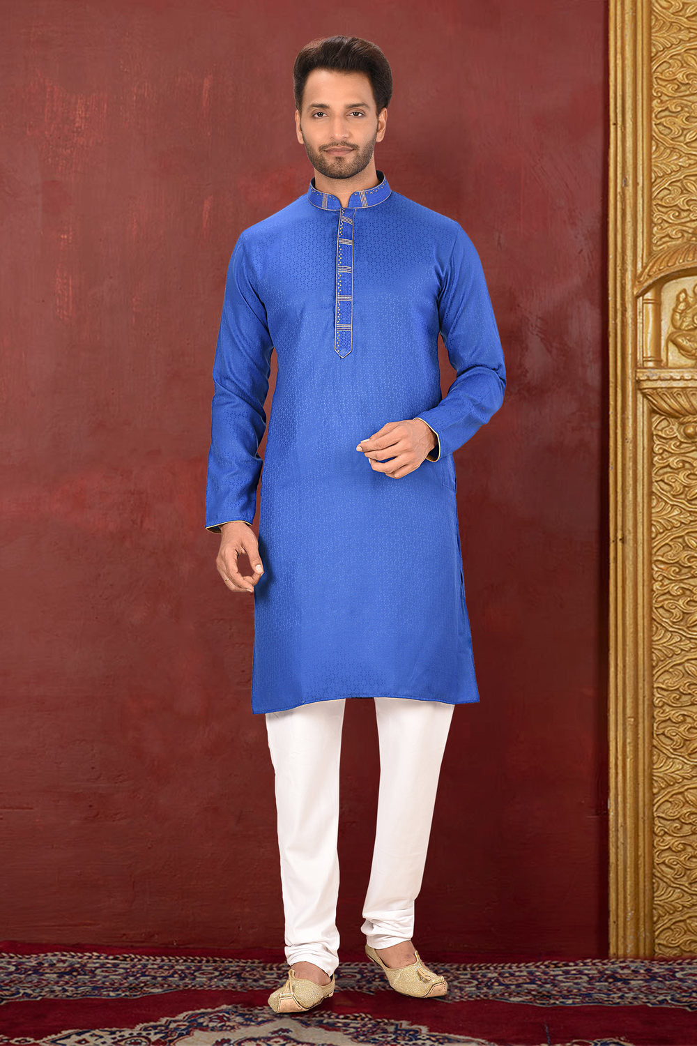 Blue Colour Cotton Silk Fabric With Thread Work Kurta Pajama