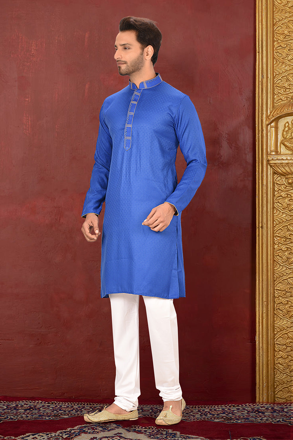 Blue Colour Cotton Silk Fabric With Thread Work Kurta Pajama