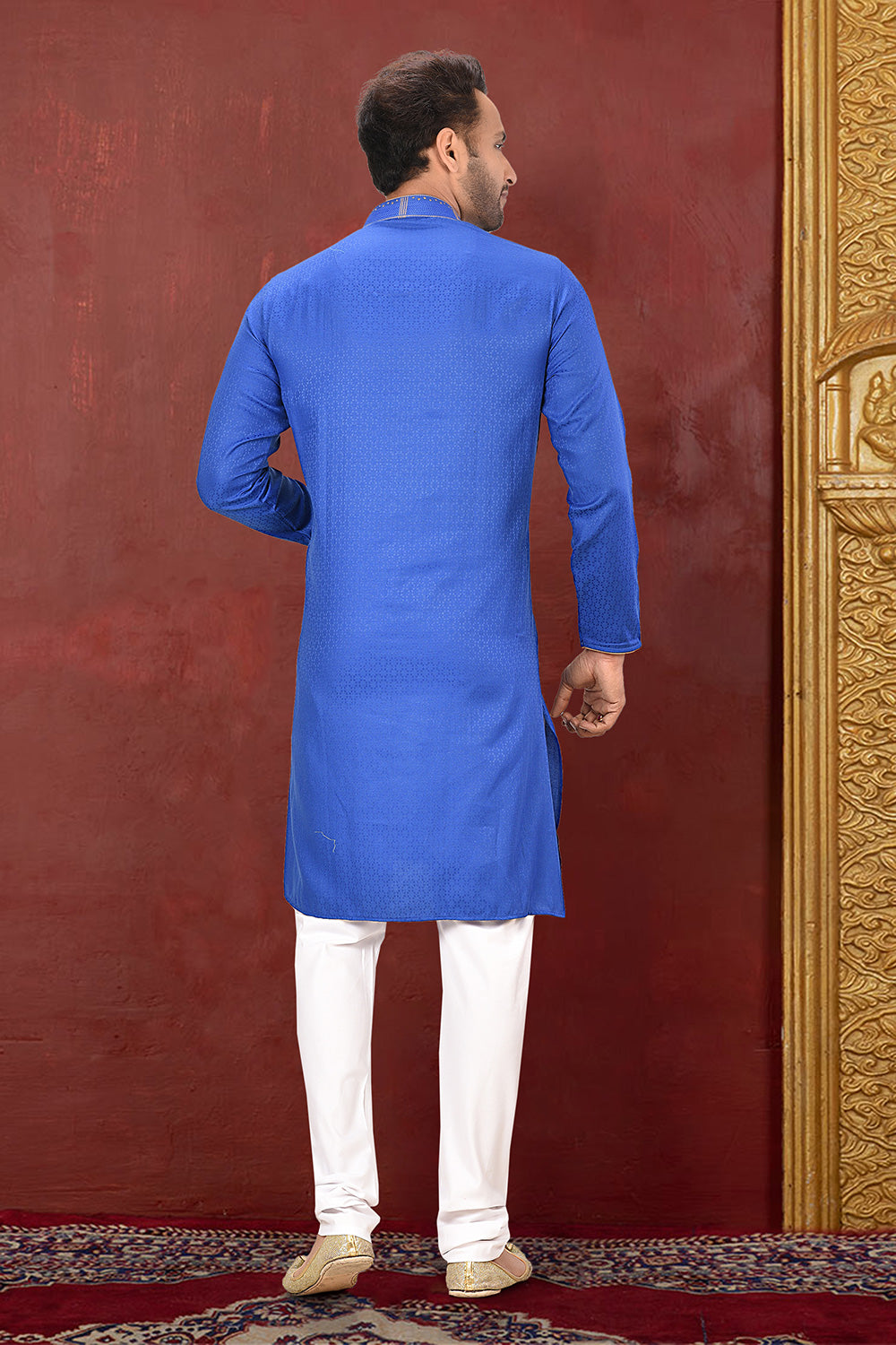 Blue Colour Cotton Silk Fabric With Thread Work Kurta Pajama