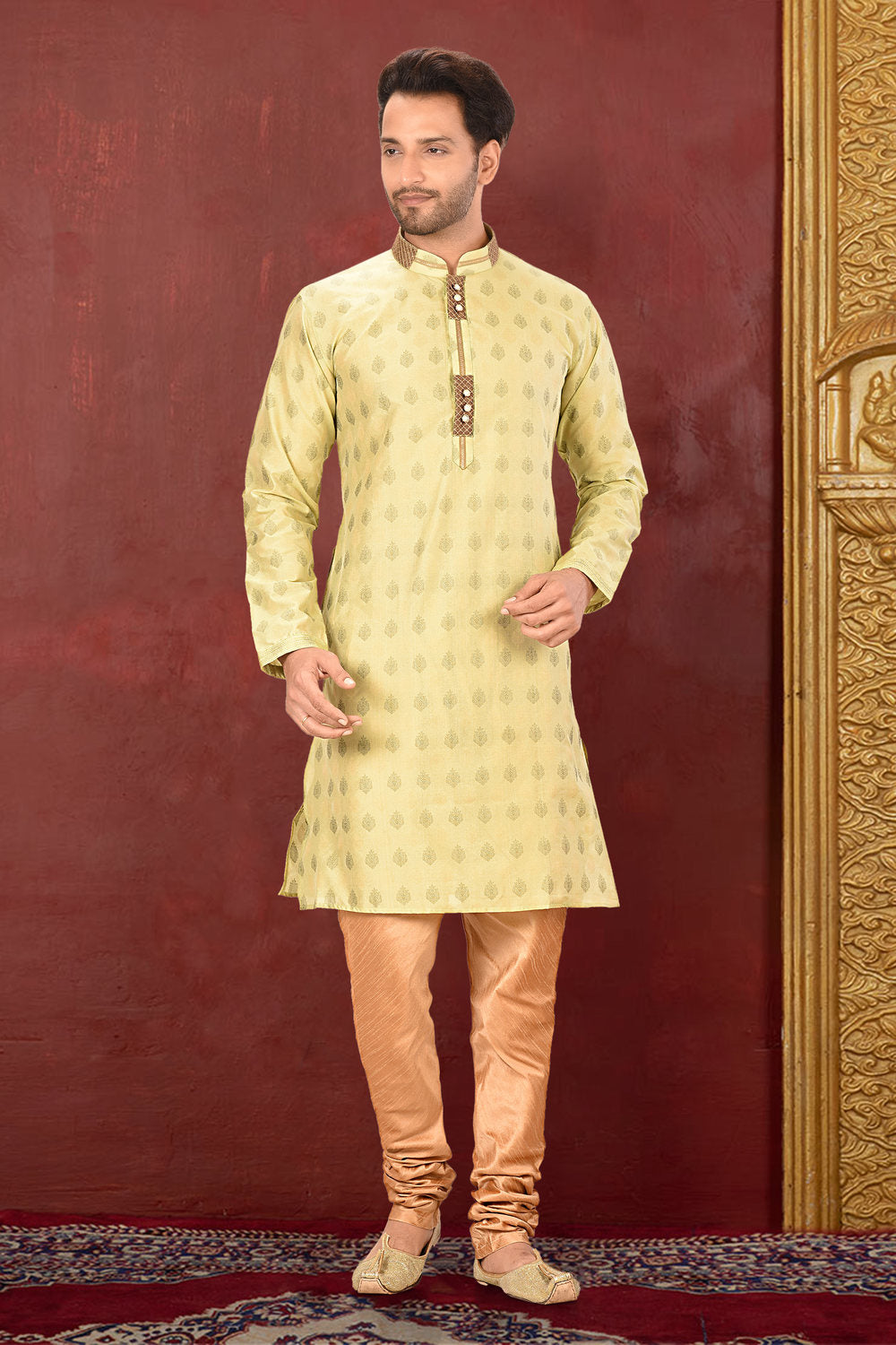 Olive Colour Jacquard Fabric With Thread Work Kurta Pajama