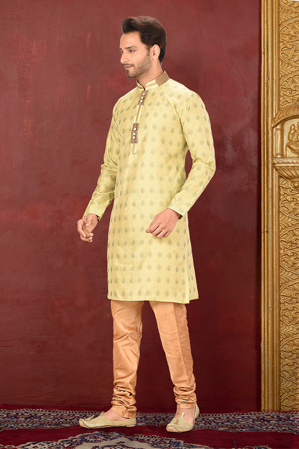 Olive Colour Jacquard Fabric With Thread Work Kurta Pajama