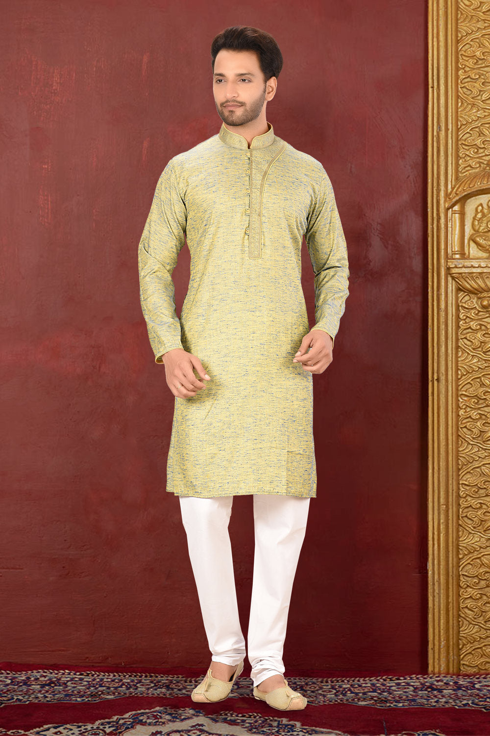 Olive Colour Cotton Silk Fabric With Thread Work Kurta Pajama