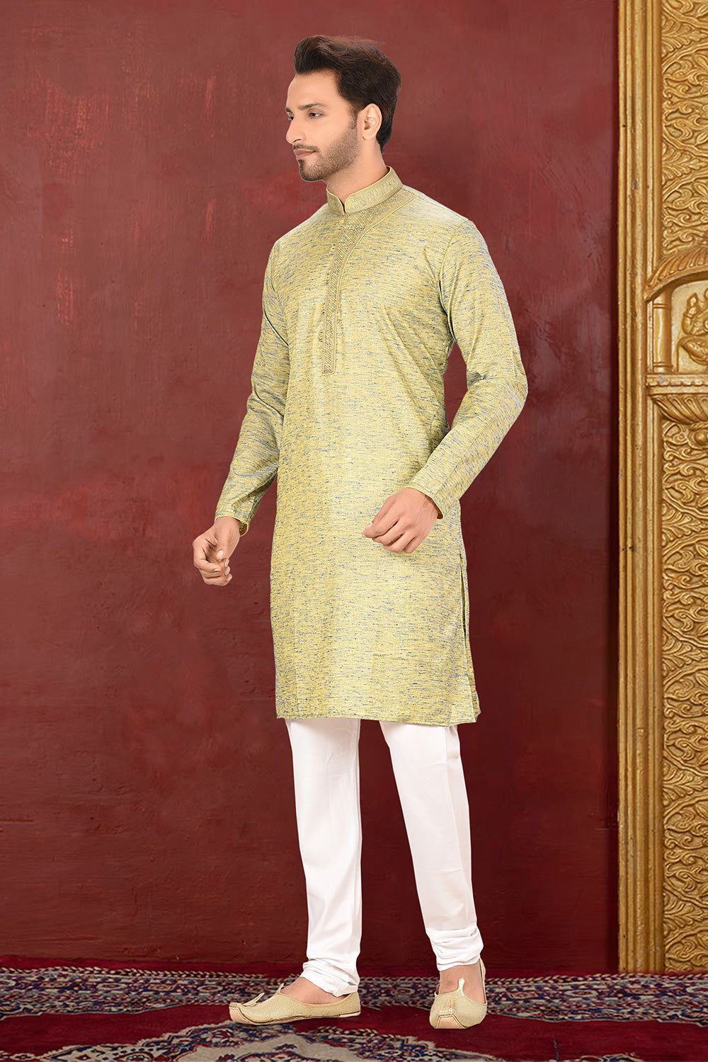 Olive Colour Cotton Silk Fabric With Thread Work Kurta Pajama