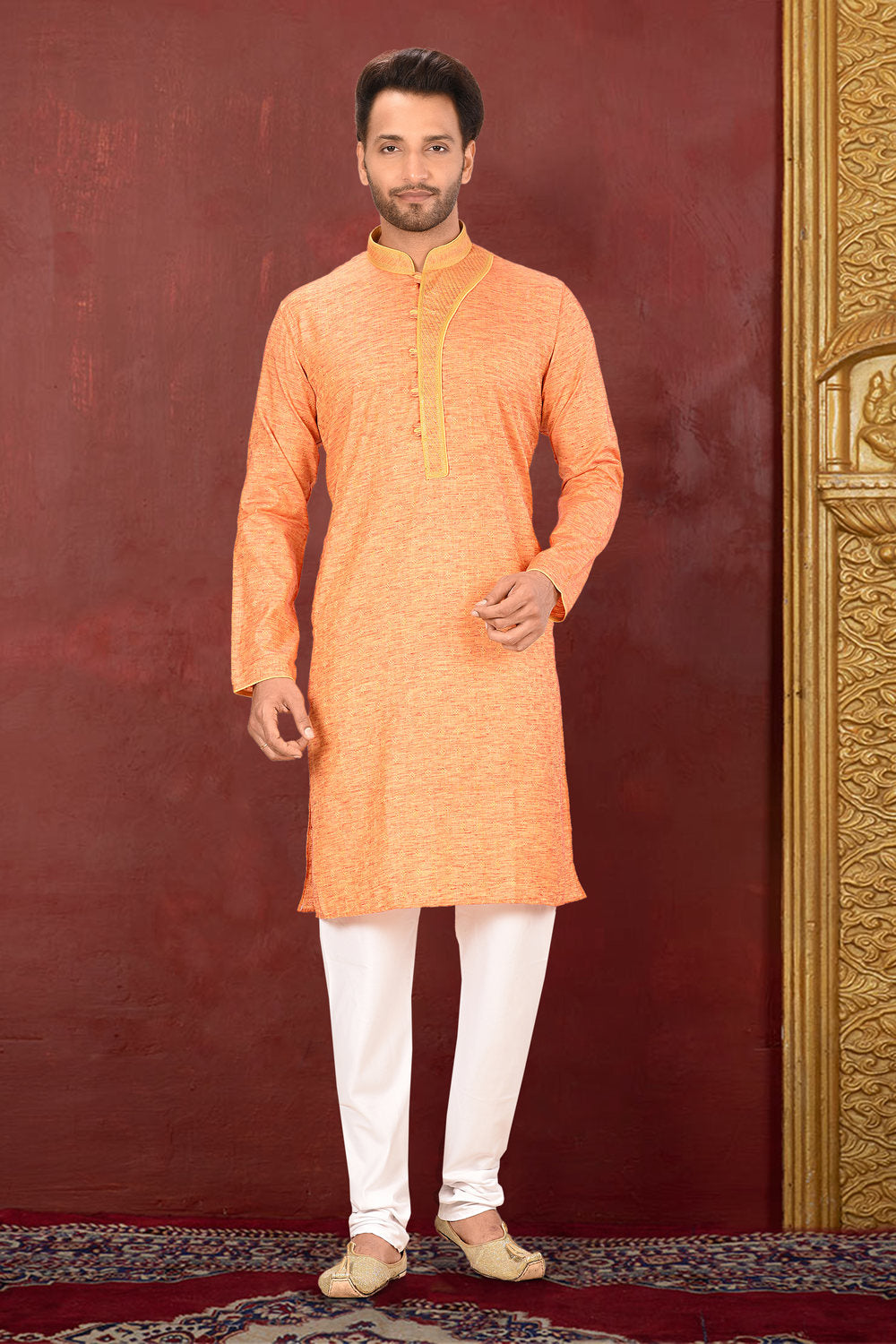 Orange Colour Cotton Silk Fabric With Thread Work Kurta Pajama