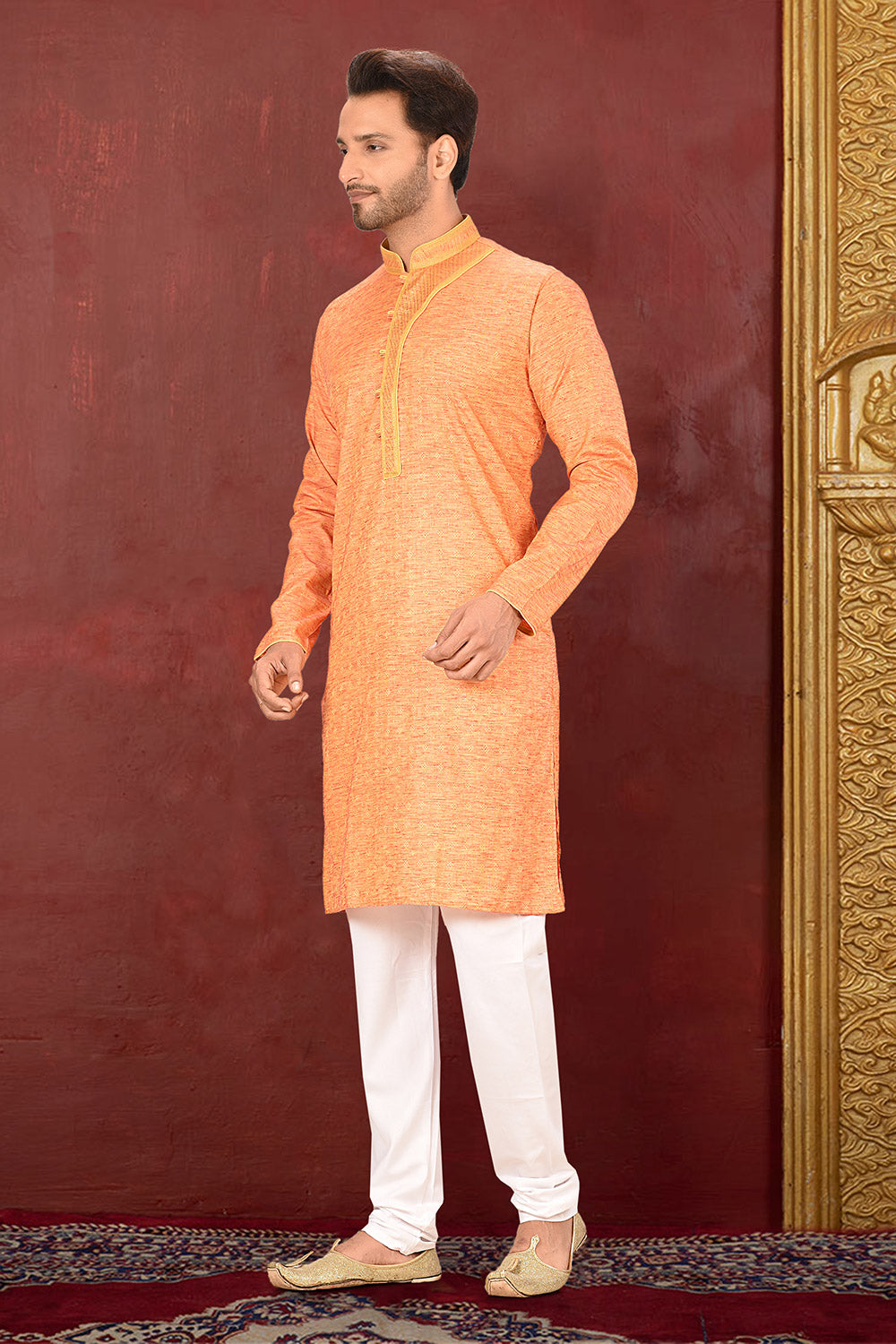 Orange Colour Cotton Silk Fabric With Thread Work Kurta Pajama