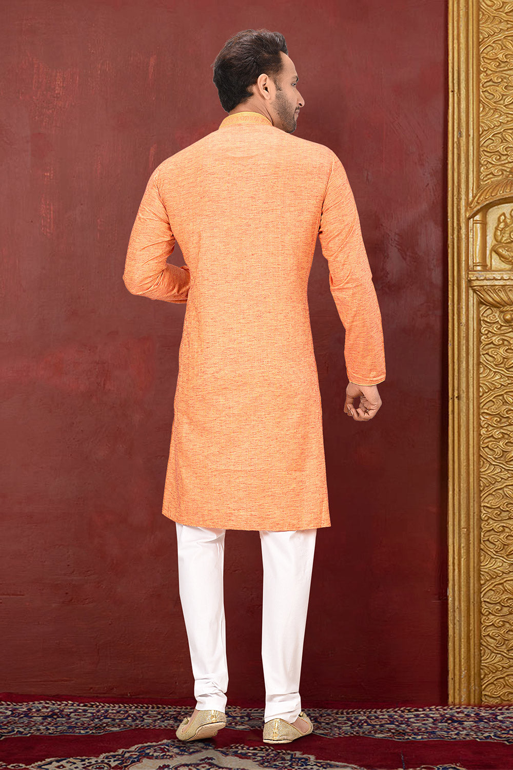 Orange Colour Cotton Silk Fabric With Thread Work Kurta Pajama