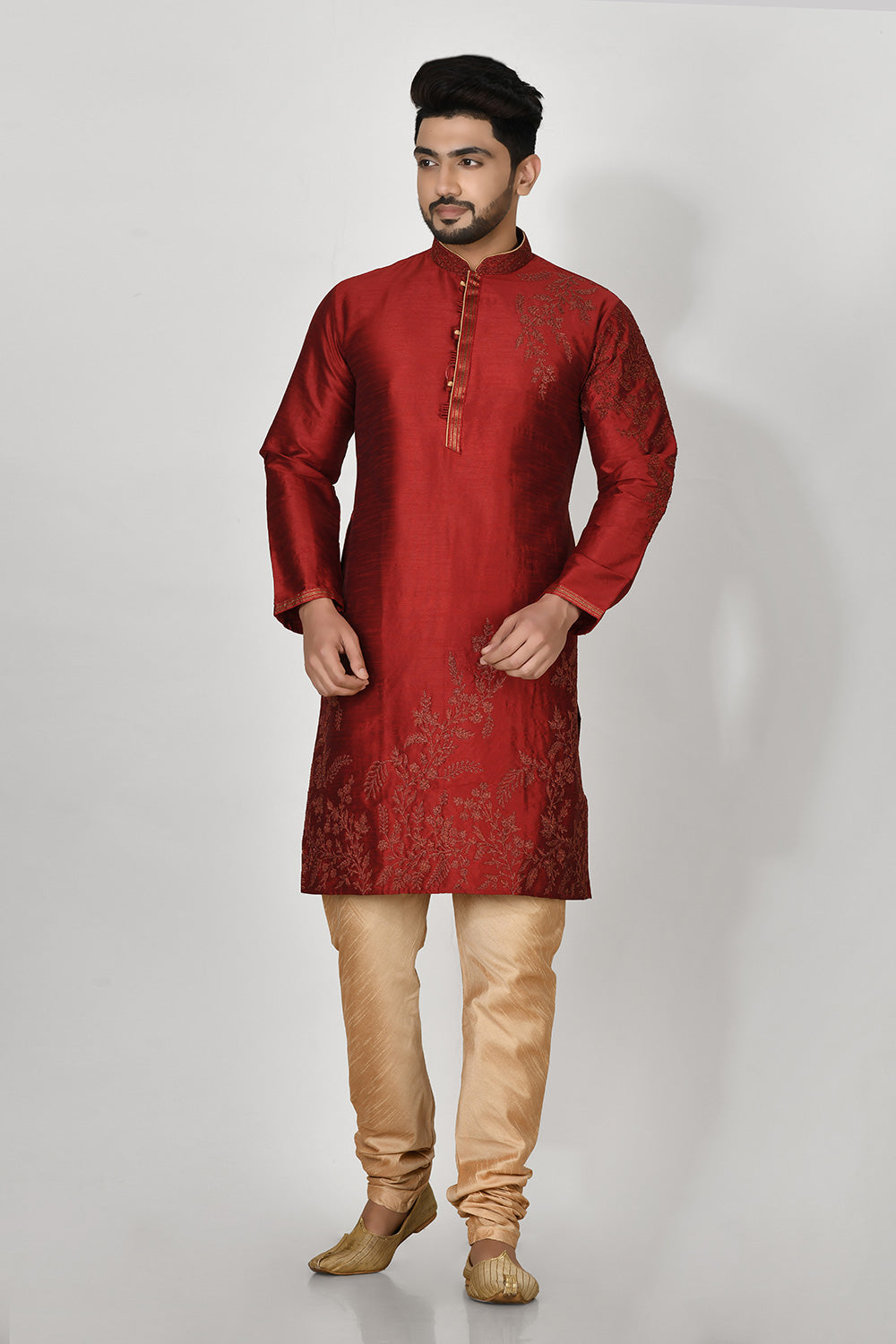 Maroon Colour Dupion Silk Fabric Resham Embroidery Kurta Pajama