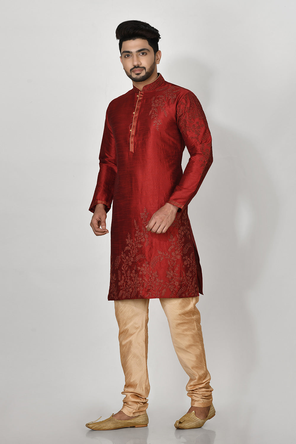 Maroon Colour Dupion Silk Fabric Resham Embroidery Kurta Pajama