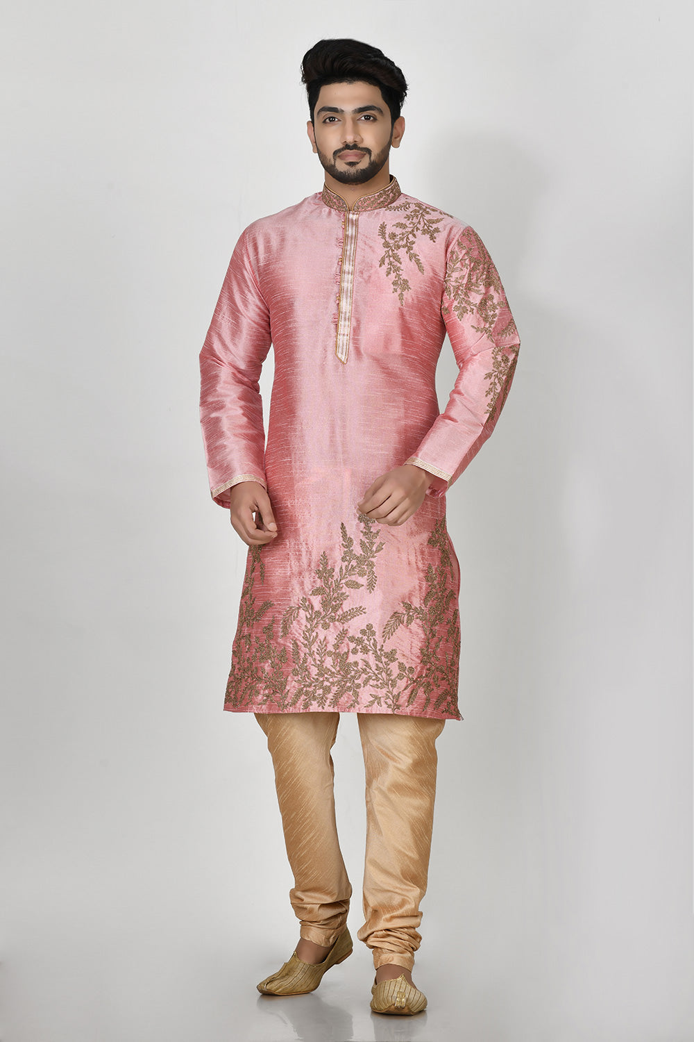 Pink Colour Dupion Silk Fabric Machine Embroidery Kurta Pajama