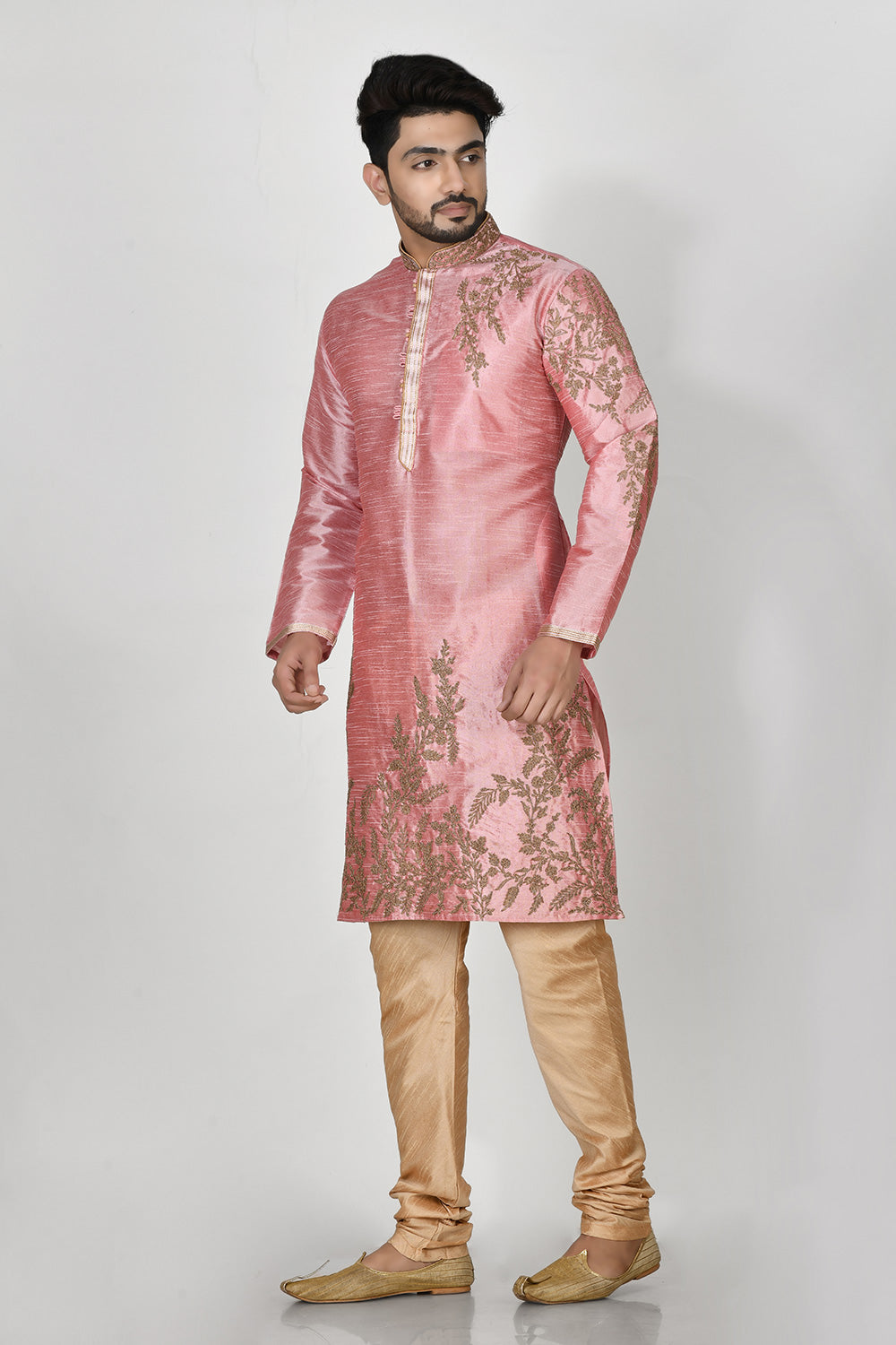 Pink Colour Dupion Silk Fabric Machine Embroidery Kurta Pajama