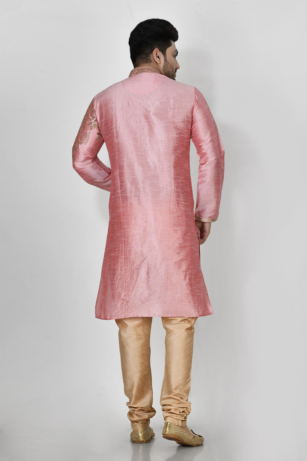 Pink Colour Dupion Silk Fabric Machine Embroidery Kurta Pajama