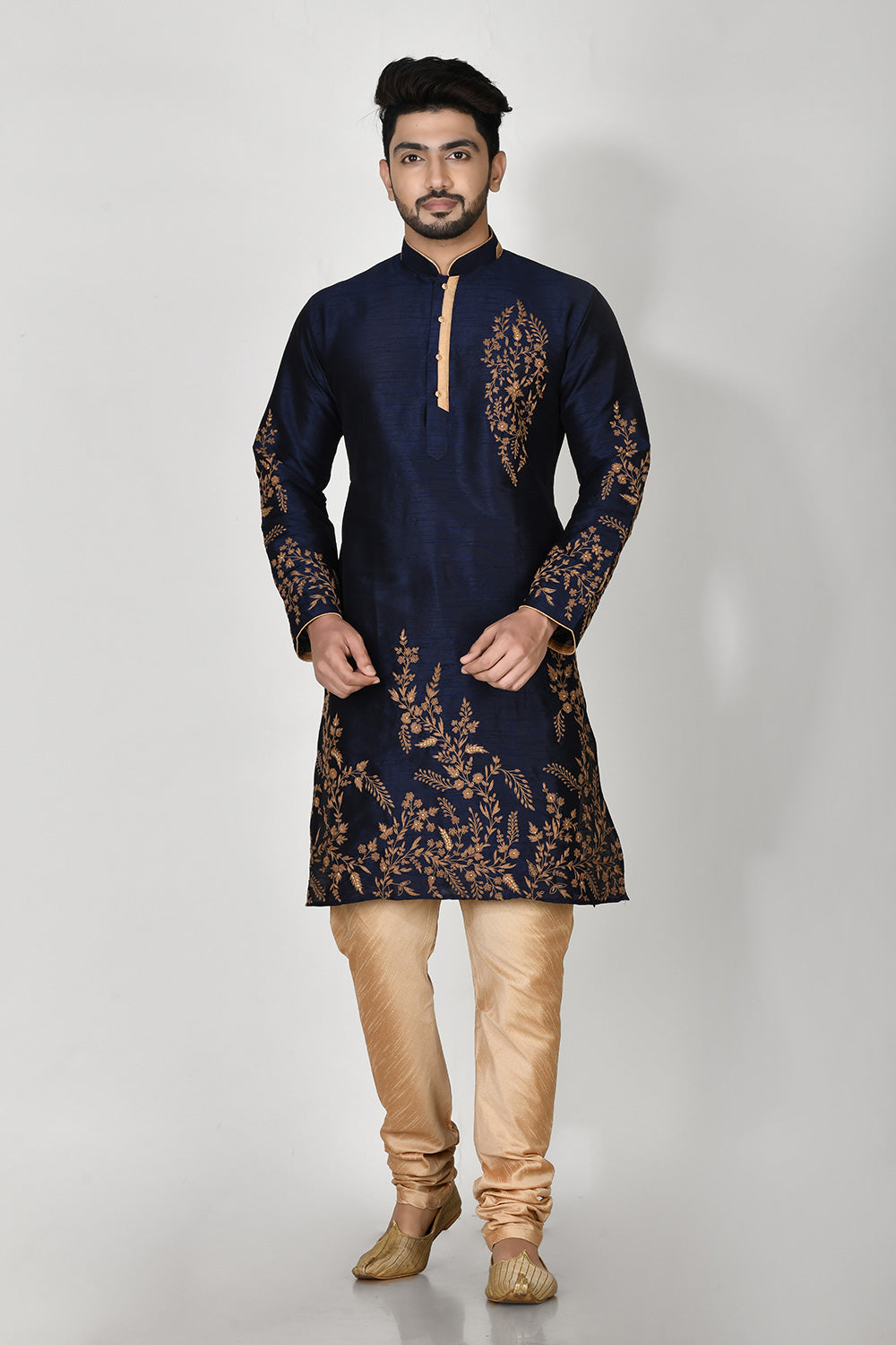 Navy Blue Colour Dupion Silk Fabric Machine Embroidery Kurta Pajama