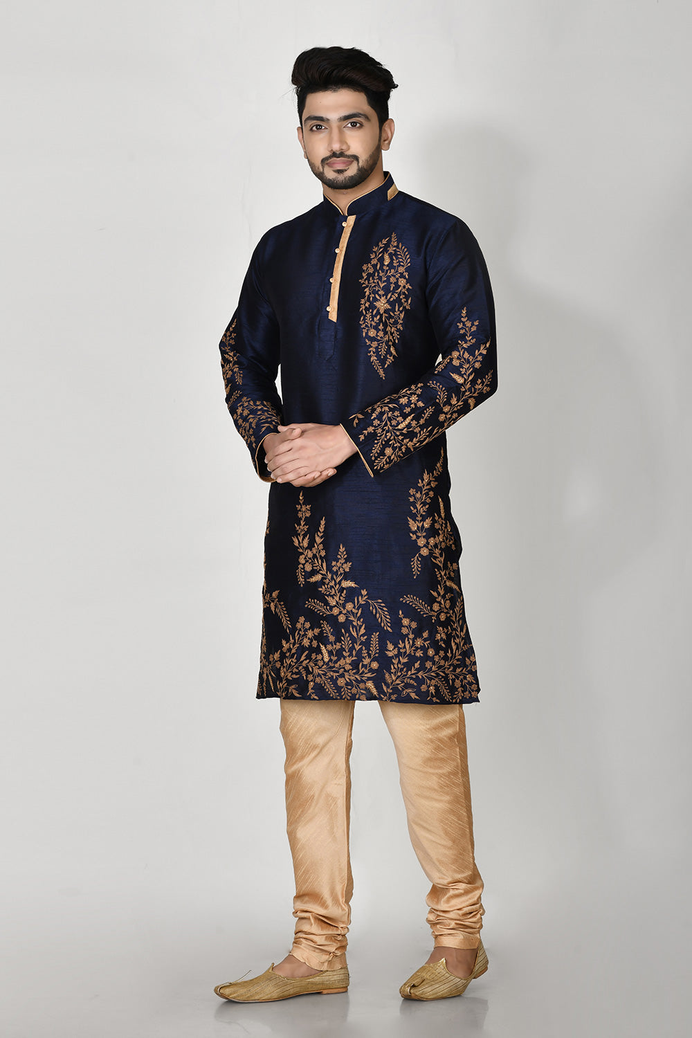 Navy Blue Colour Dupion Silk Fabric Machine Embroidery Kurta Pajama