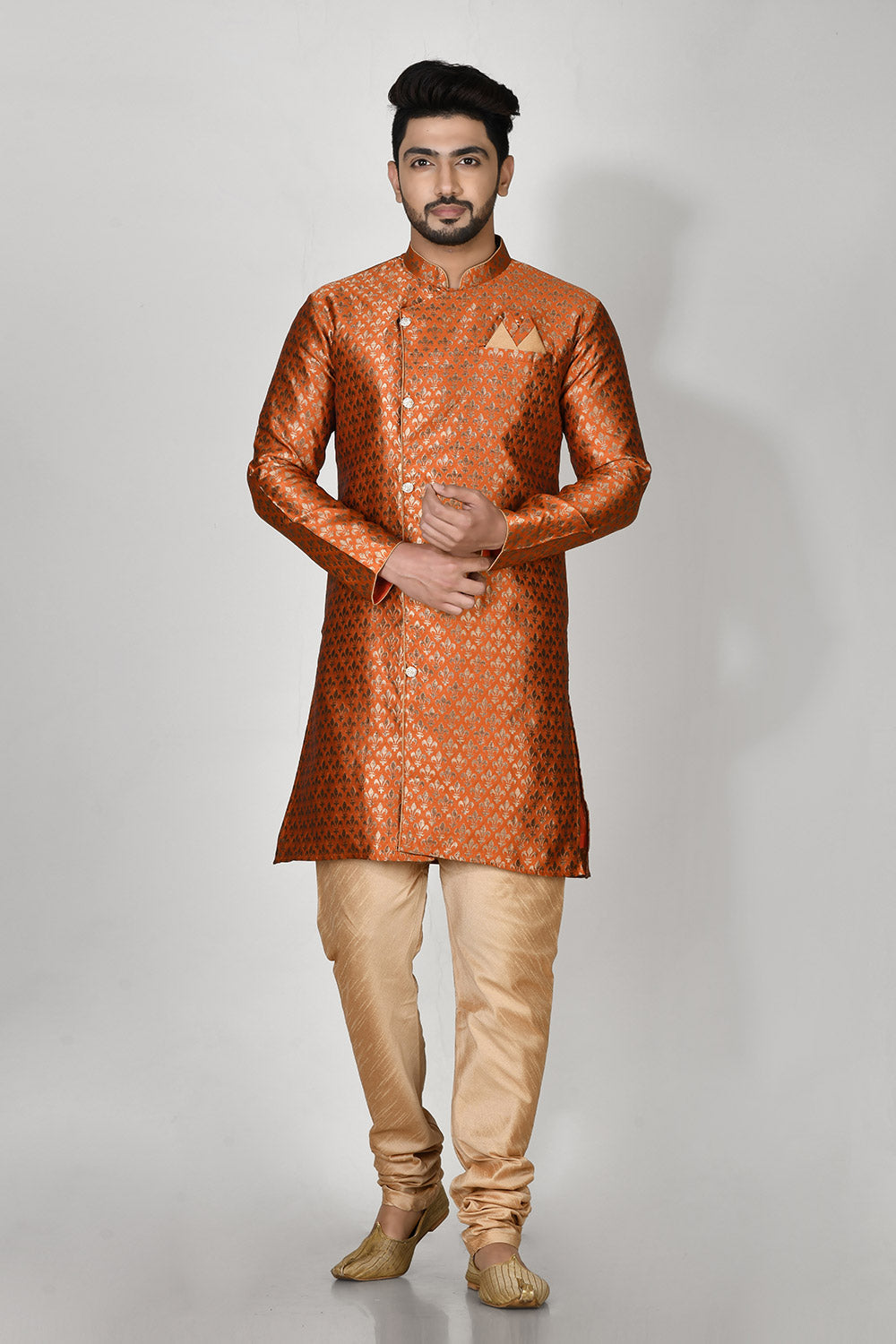 Orange Colour Jacquard Fabric Printed Kurta Pajama