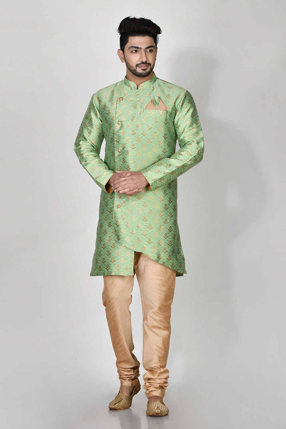 Pista Colour Jacquard Fabric Printed Kurta Pajama