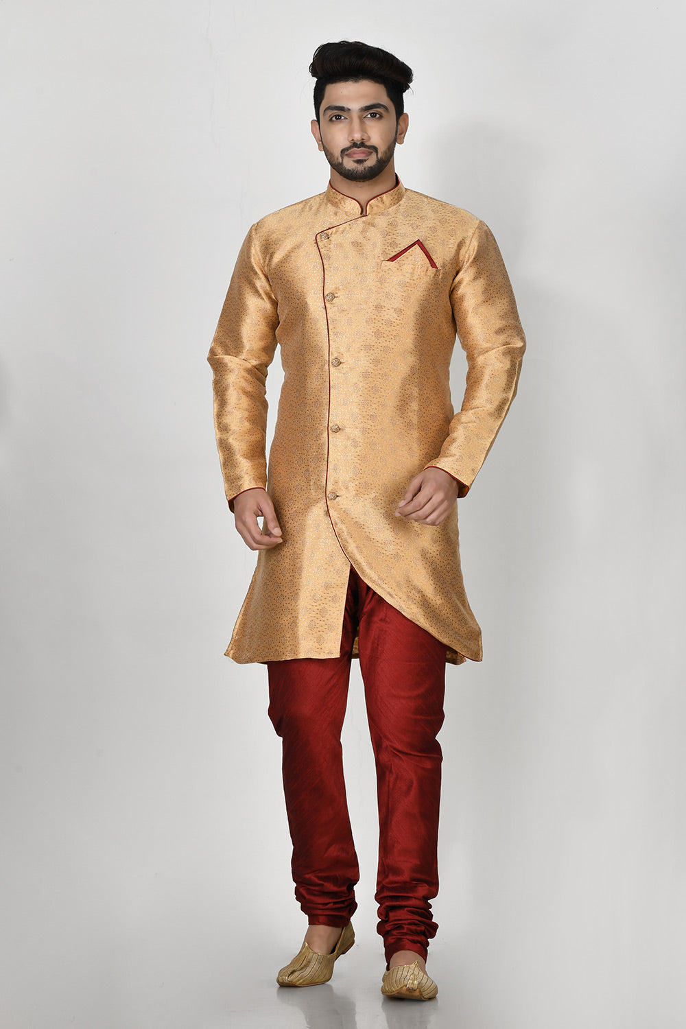 Gold Colour Jacquard Fabric Resham Embroidery Kurta Pajama