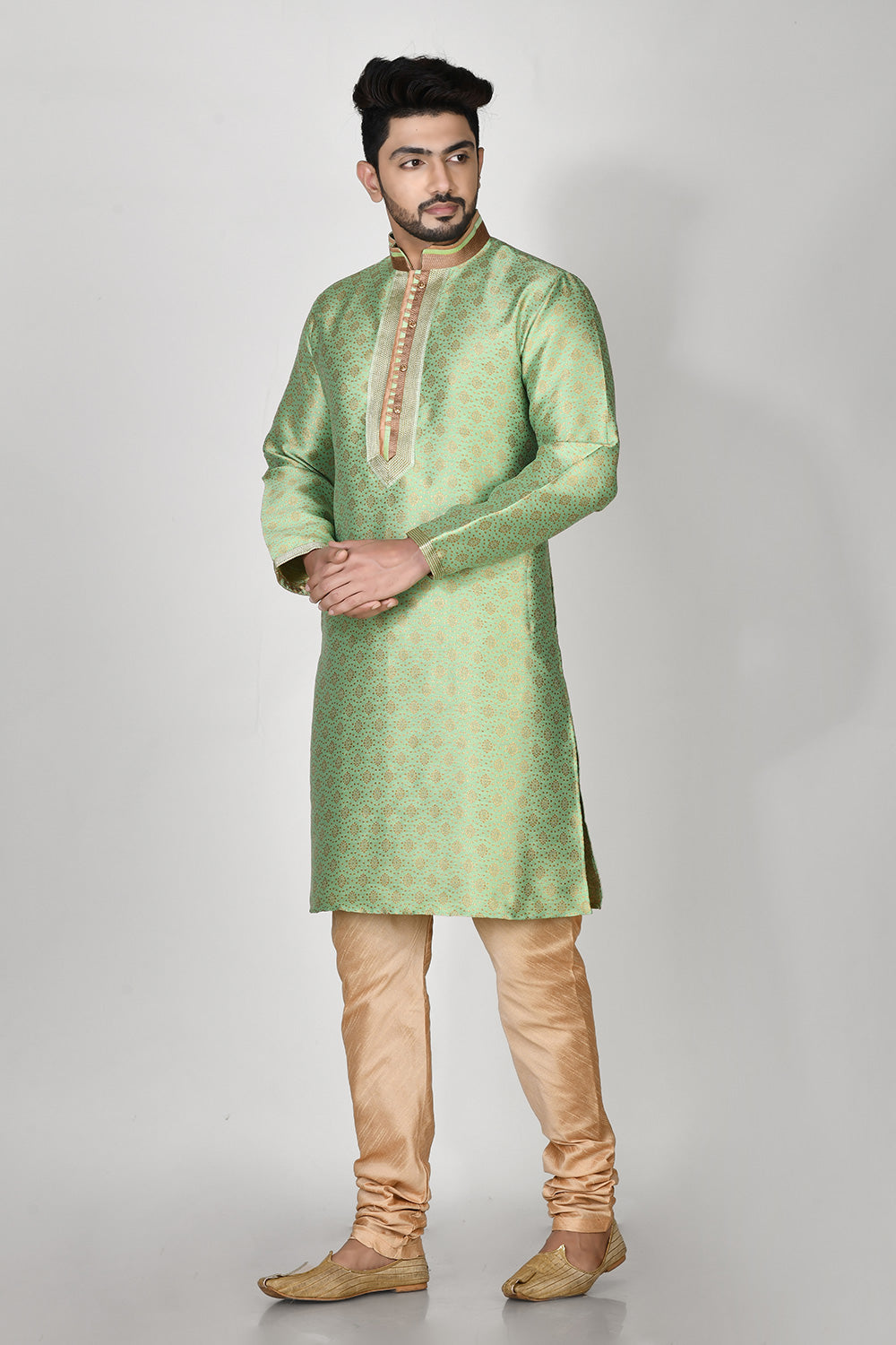 Pista Colour Jacquard Fabric Machine Embroidery Kurta Pajama