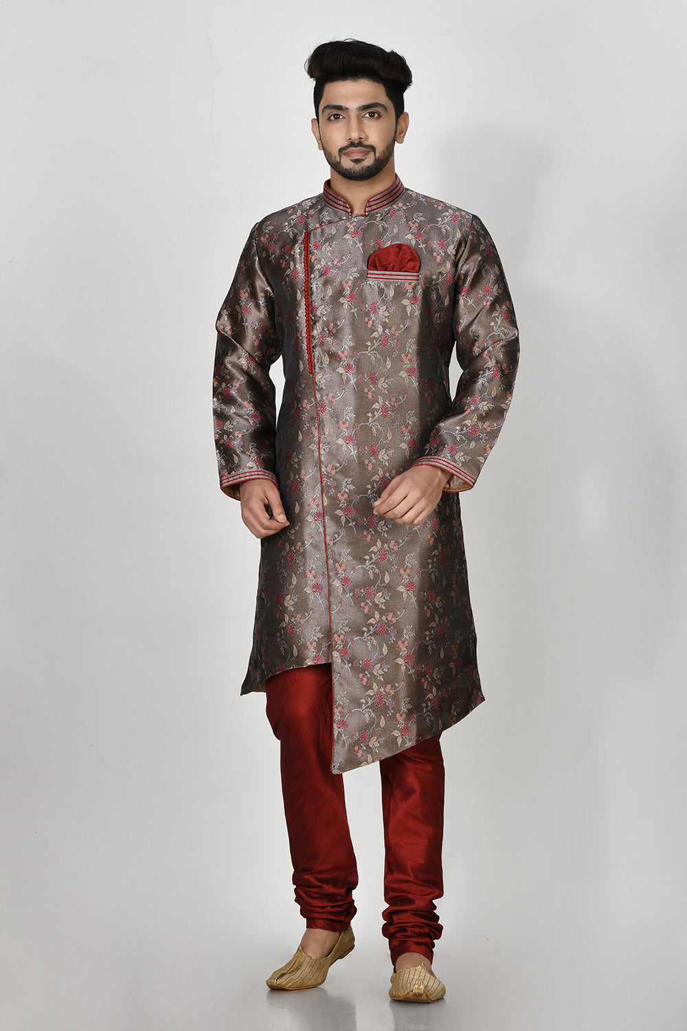 Grey Colour Jacquard Fabric Resham Embroidery Kurta Pajama