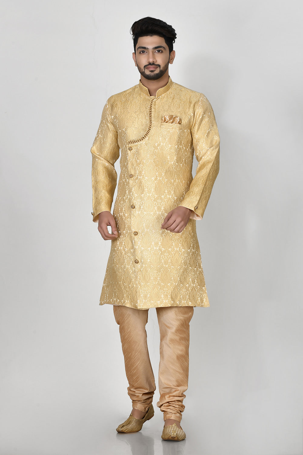 Gold Colour Jacquard Fabric Thread Work Kurta Pajama