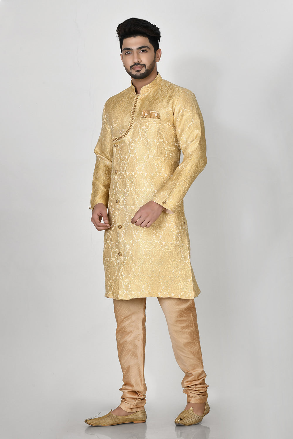 Gold Colour Jacquard Fabric Thread Work Kurta Pajama