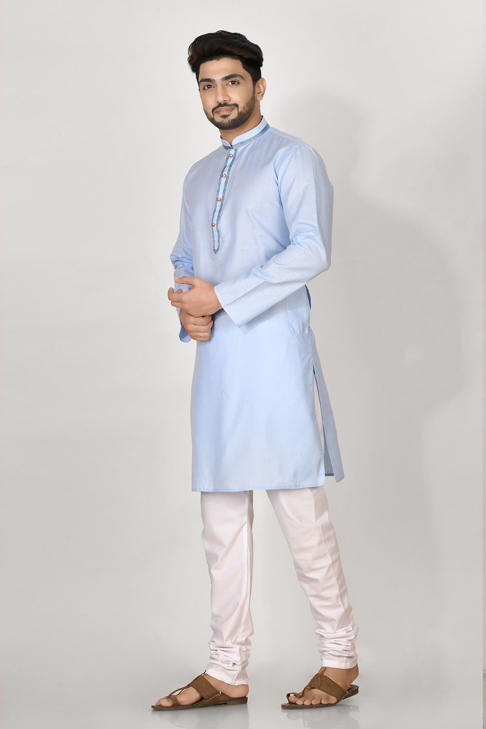 Sky Colour Cotton Fabric Patch Work Kurta Pajama