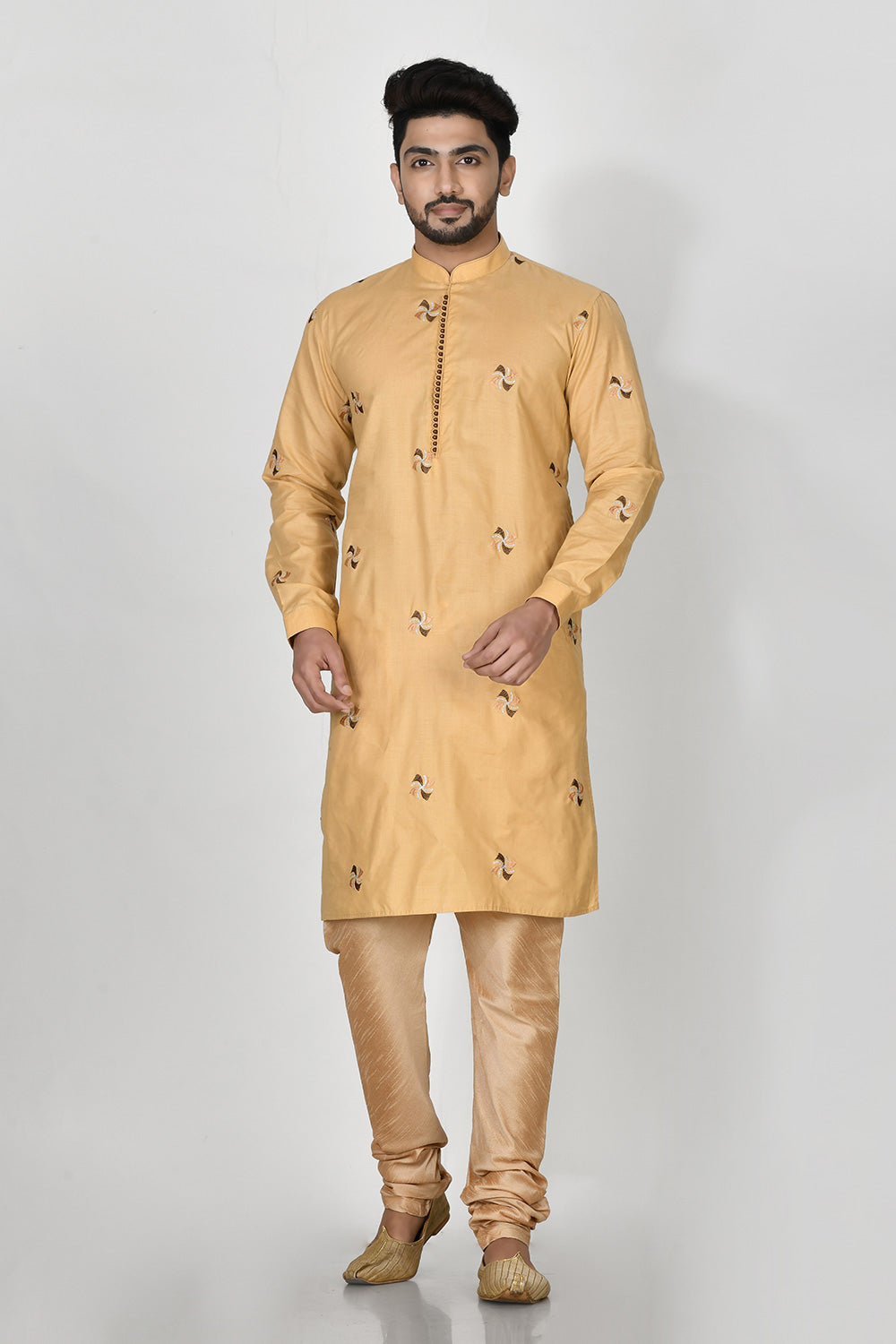 Gold Colour Cotton Fabric Resham Embroidery Kurta Pajama