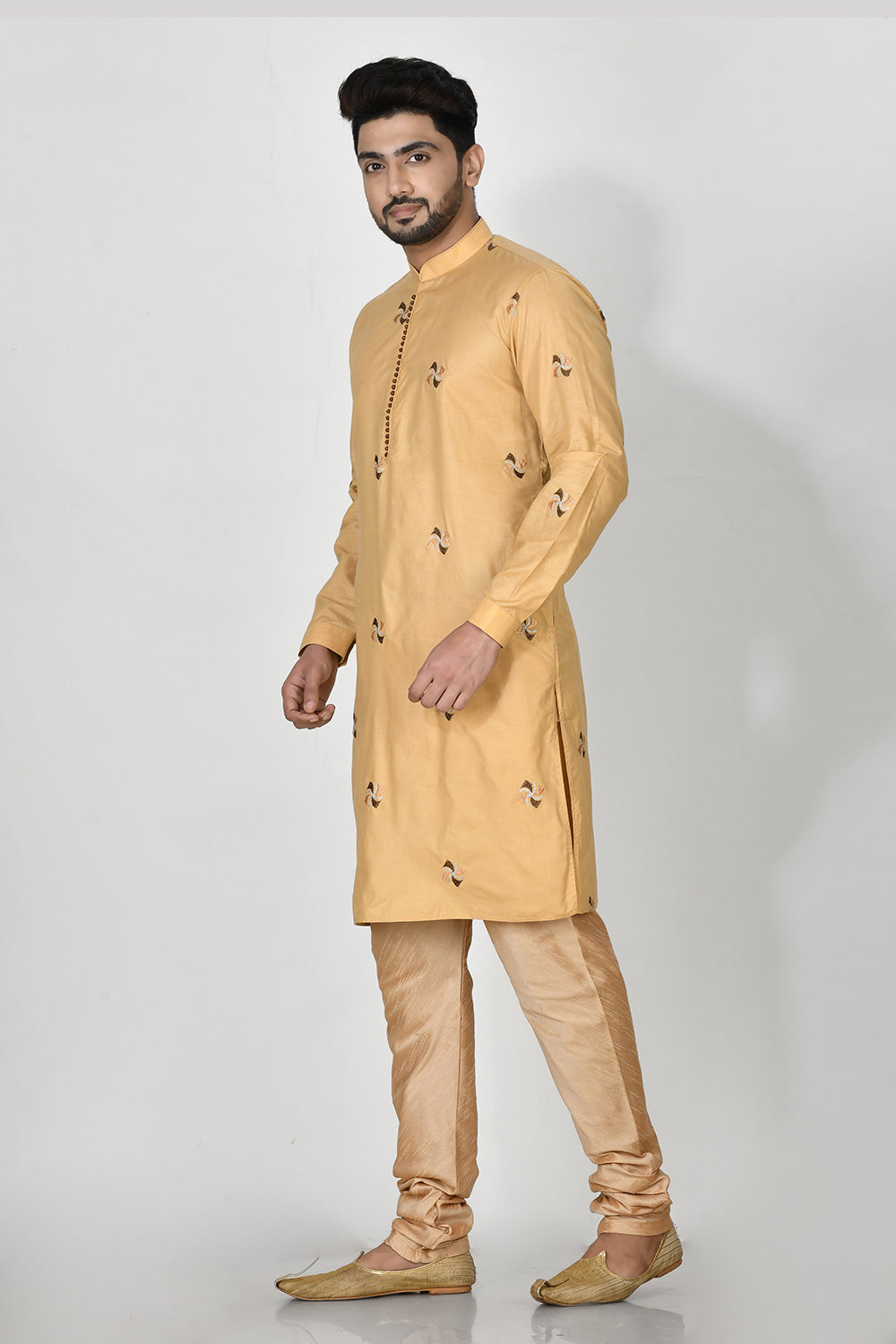 Gold Colour Cotton Fabric Resham Embroidery Kurta Pajama