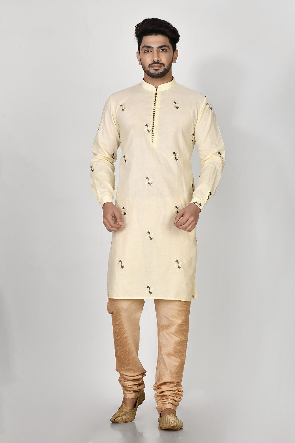 Lemon Colour Cotton Fabric Resham Embroidery Kurta Pajama