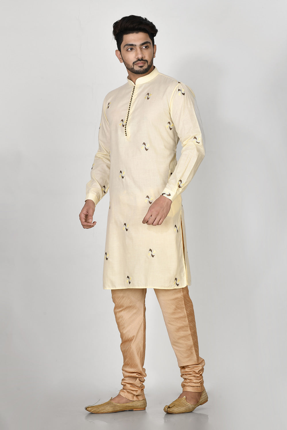 Lemon Colour Cotton Fabric Resham Embroidery Kurta Pajama