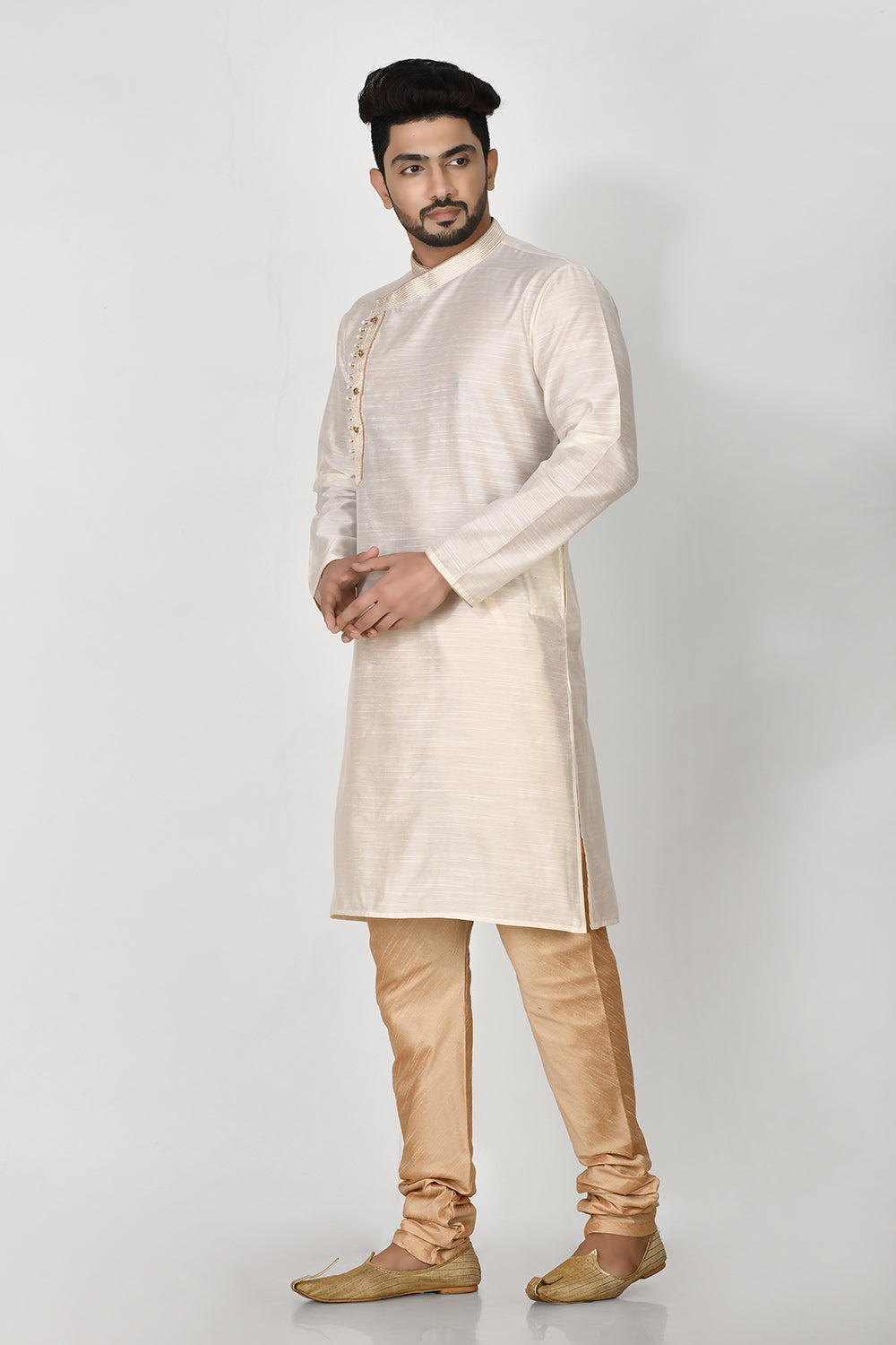 Cream Colour Cotton Silk Fabric Resham Embroidery Kurta Pajama