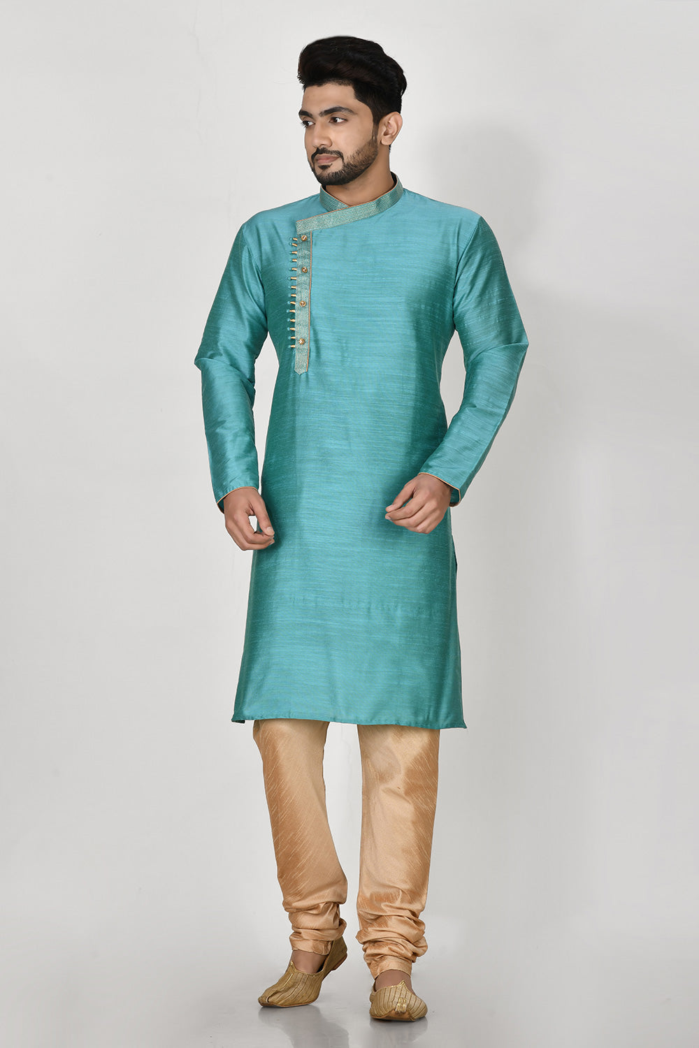 Terquoise Colour Cotton Silk Fabric Resham Embroidery Kurta Pajama