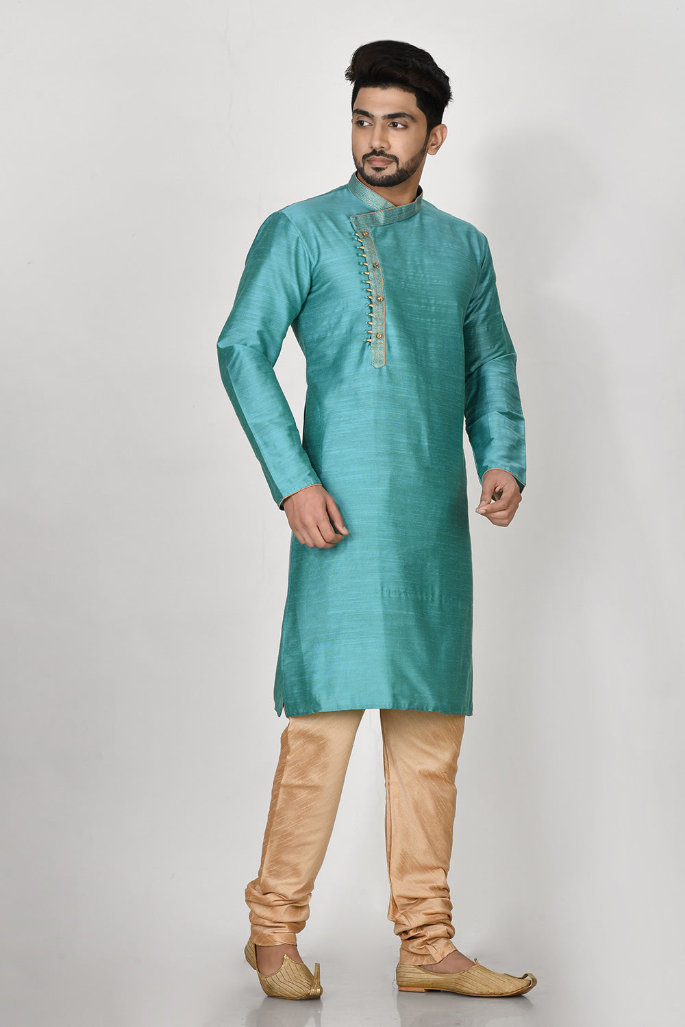 Terquoise Colour Cotton Silk Fabric Resham Embroidery Kurta Pajama