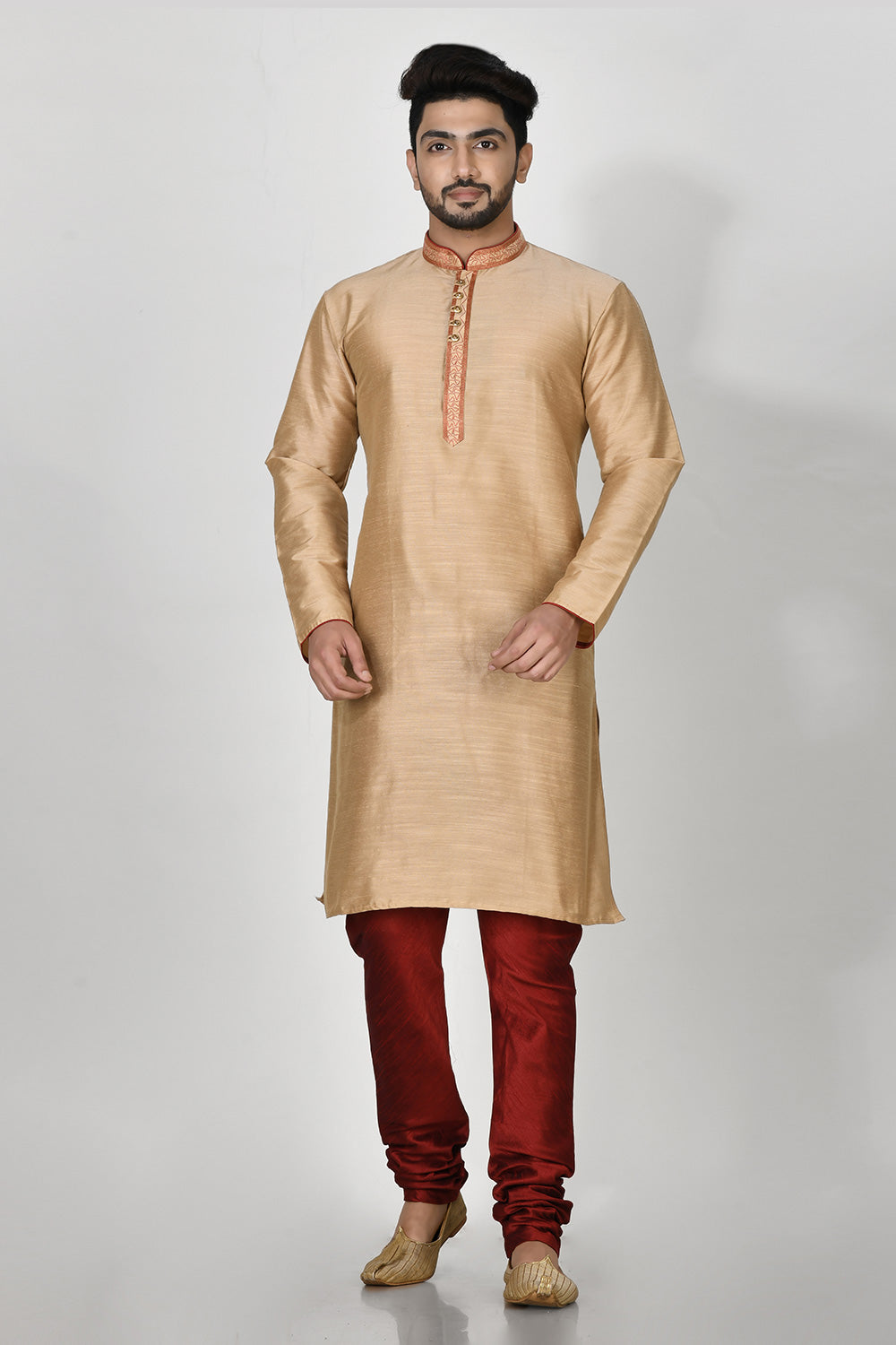 Gold Colour Cotton Silk Fabric Resham Embroidery Kurta Pajama