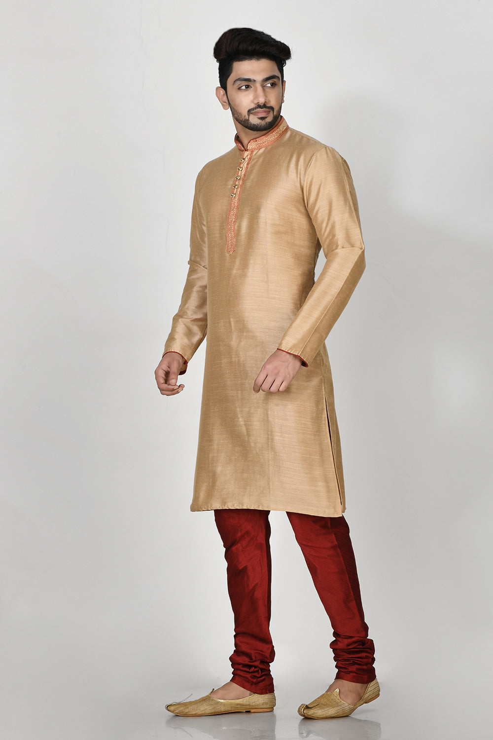 Gold Colour Cotton Silk Fabric Resham Embroidery Kurta Pajama