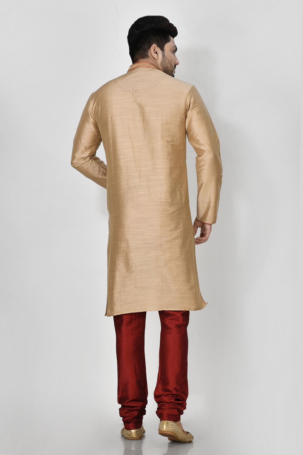 Gold Colour Cotton Silk Fabric Resham Embroidery Kurta Pajama