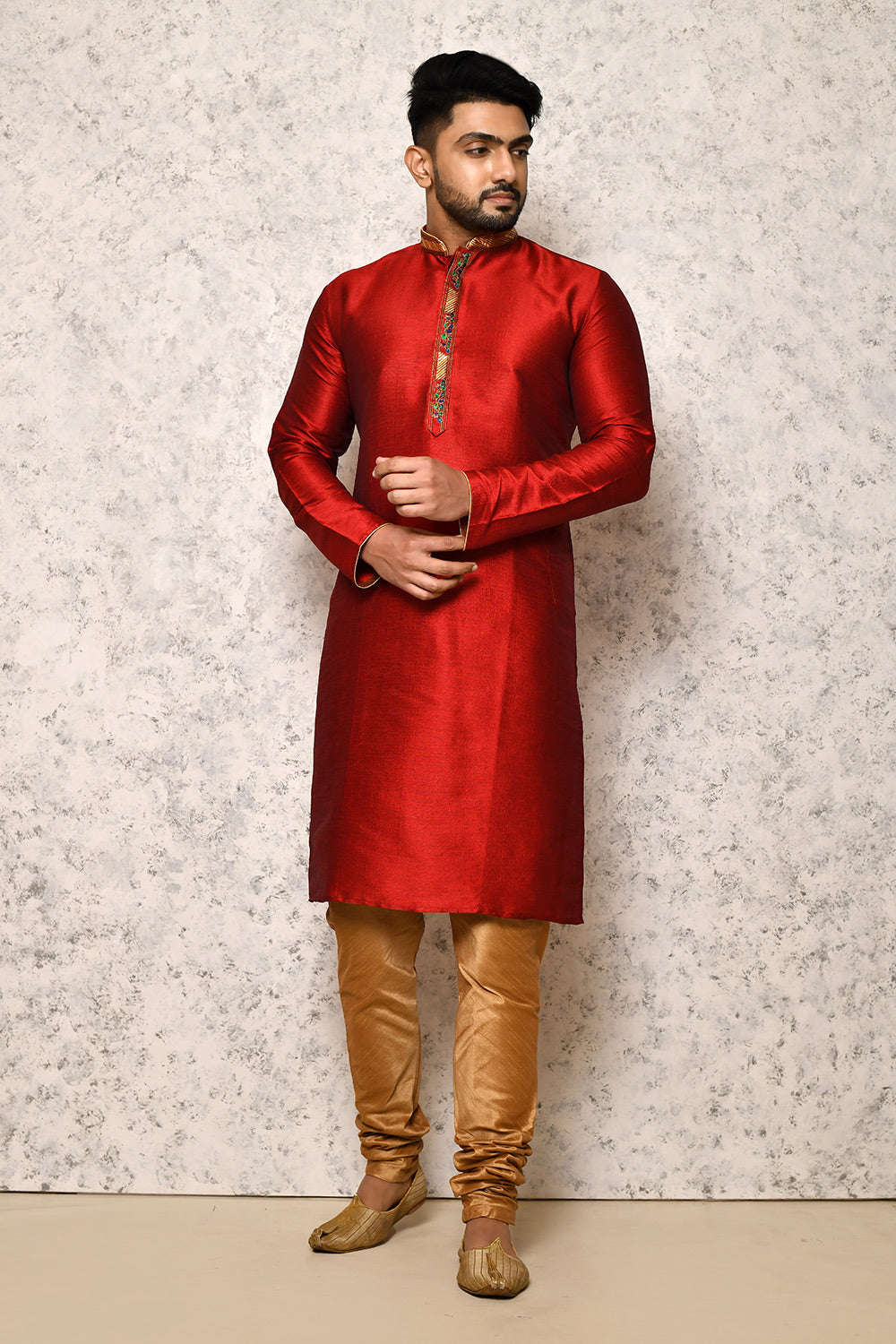 Maroon Colour Art Silk Fabric With Thread Work Kurta Pajama