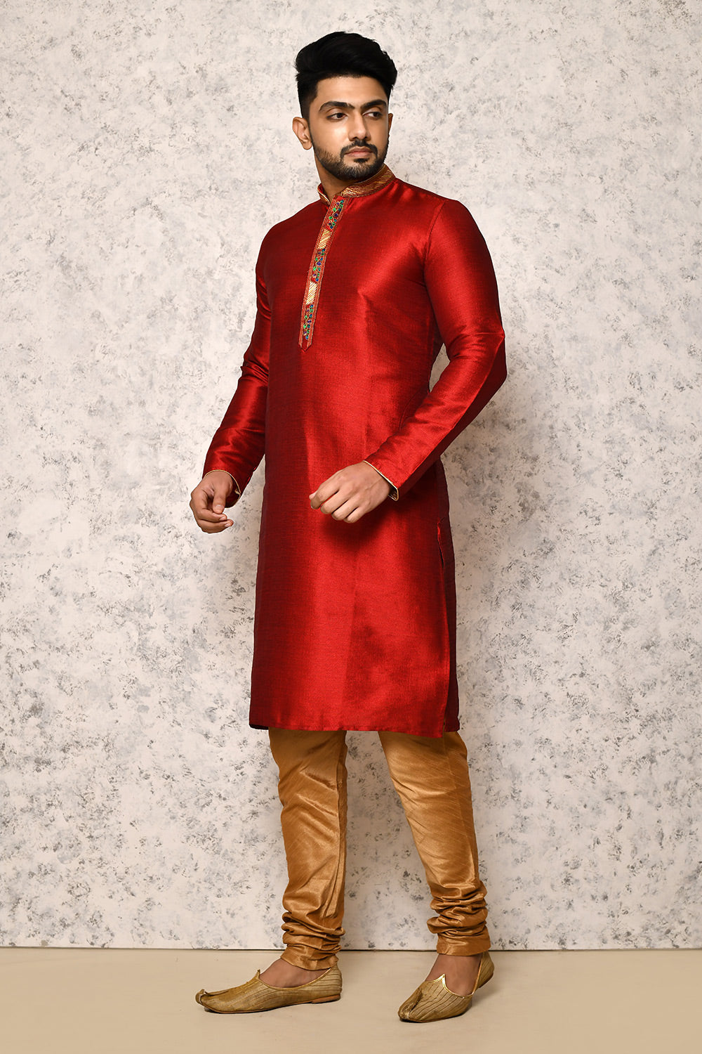 Maroon Colour Art Silk Fabric With Thread Work Kurta Pajama