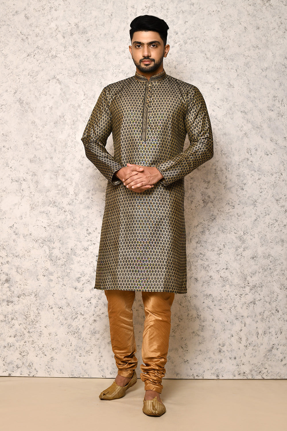 Black Colour Jacquard Fabric Thread Work Kurta Pajama