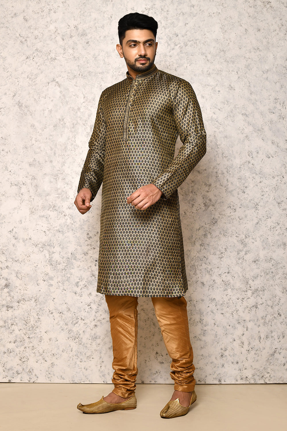 Black Colour Jacquard Fabric Thread Work Kurta Pajama